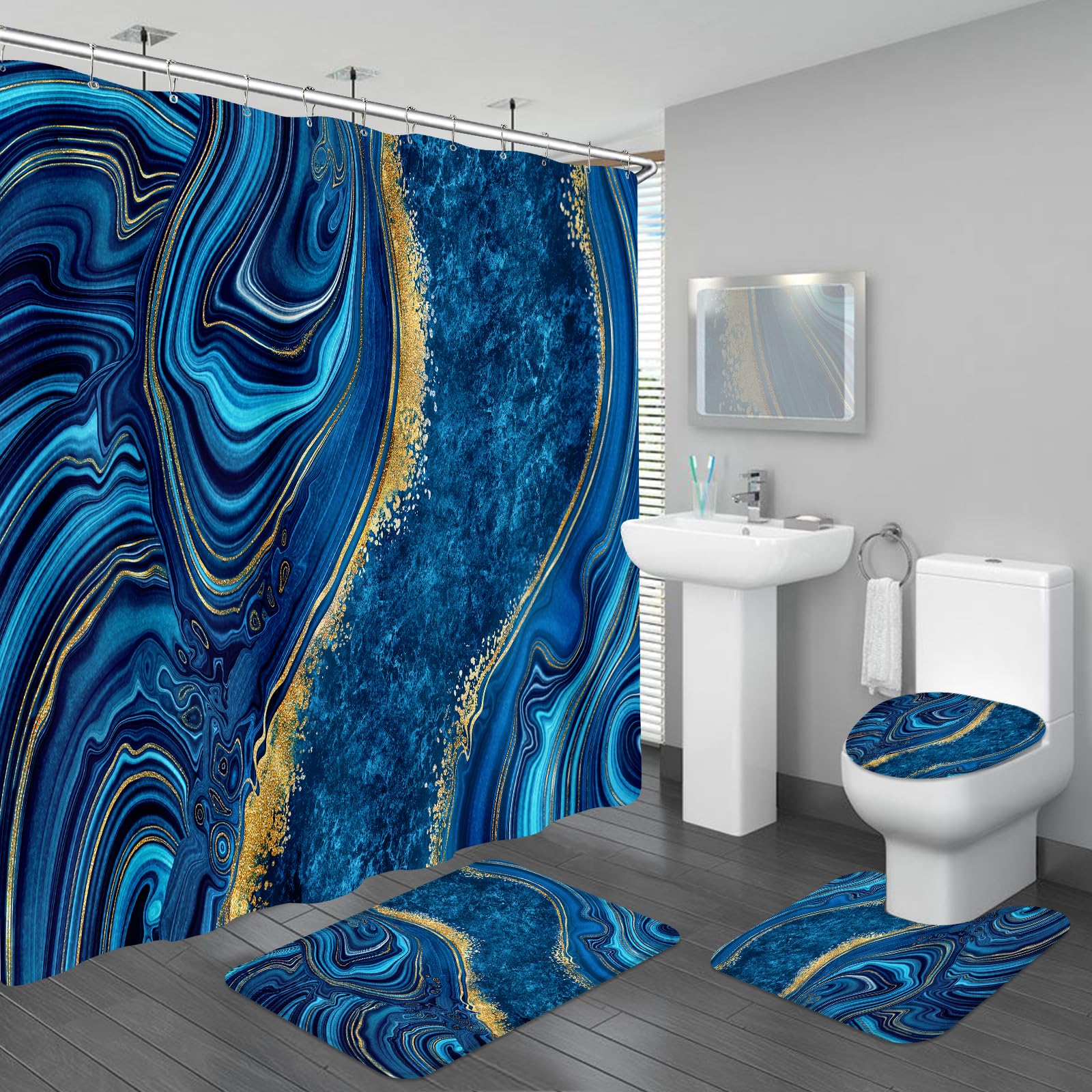 4PCS Blue Gold Marble Shower Curtain Sets with Rugs, Abstract Bathroom Sets with Shower Curtain and Rugs, Modern Bathroom Curtains Shower Set with Toilet Lid Cover for Bathroom Decor