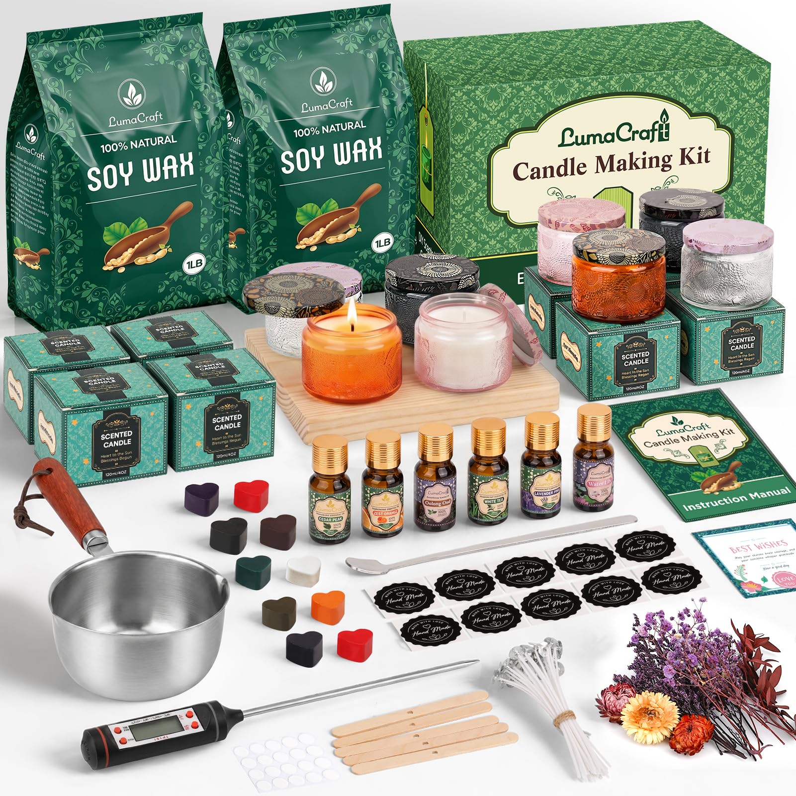 Forniture per la produzione di candele in cera di soia con cera di soia naturale, oli essenziali, tinture per candele e stoppini per candele, regalo fai da te per la casa
