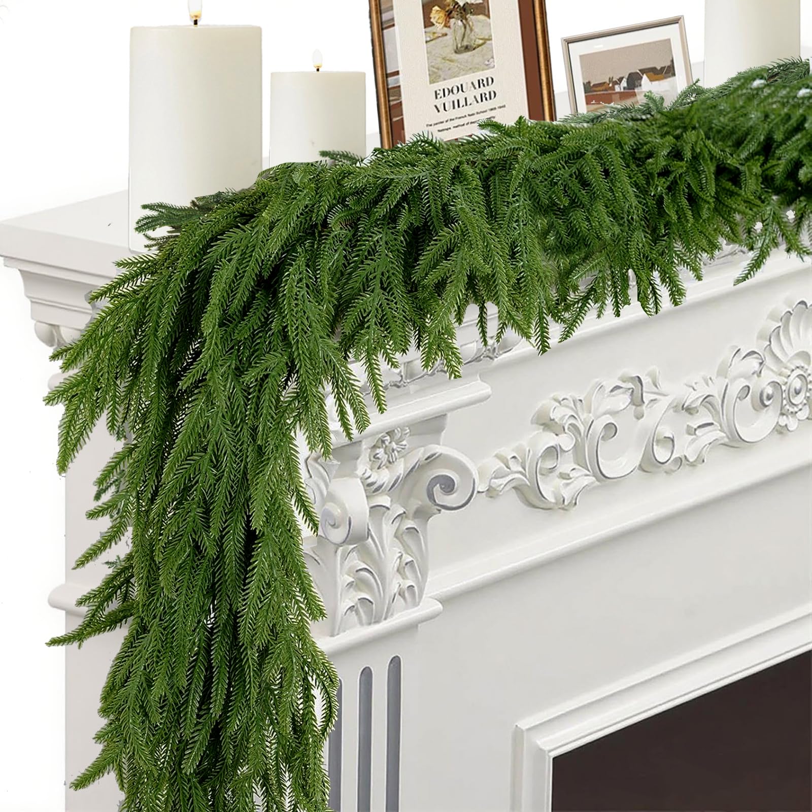 9FT Artificial Norfolk Pine Garlands for Christmas Decorations,Real Touch Winter Faux Greenery Garlands for Mantel Table Stair Fireplace Wall Holiday