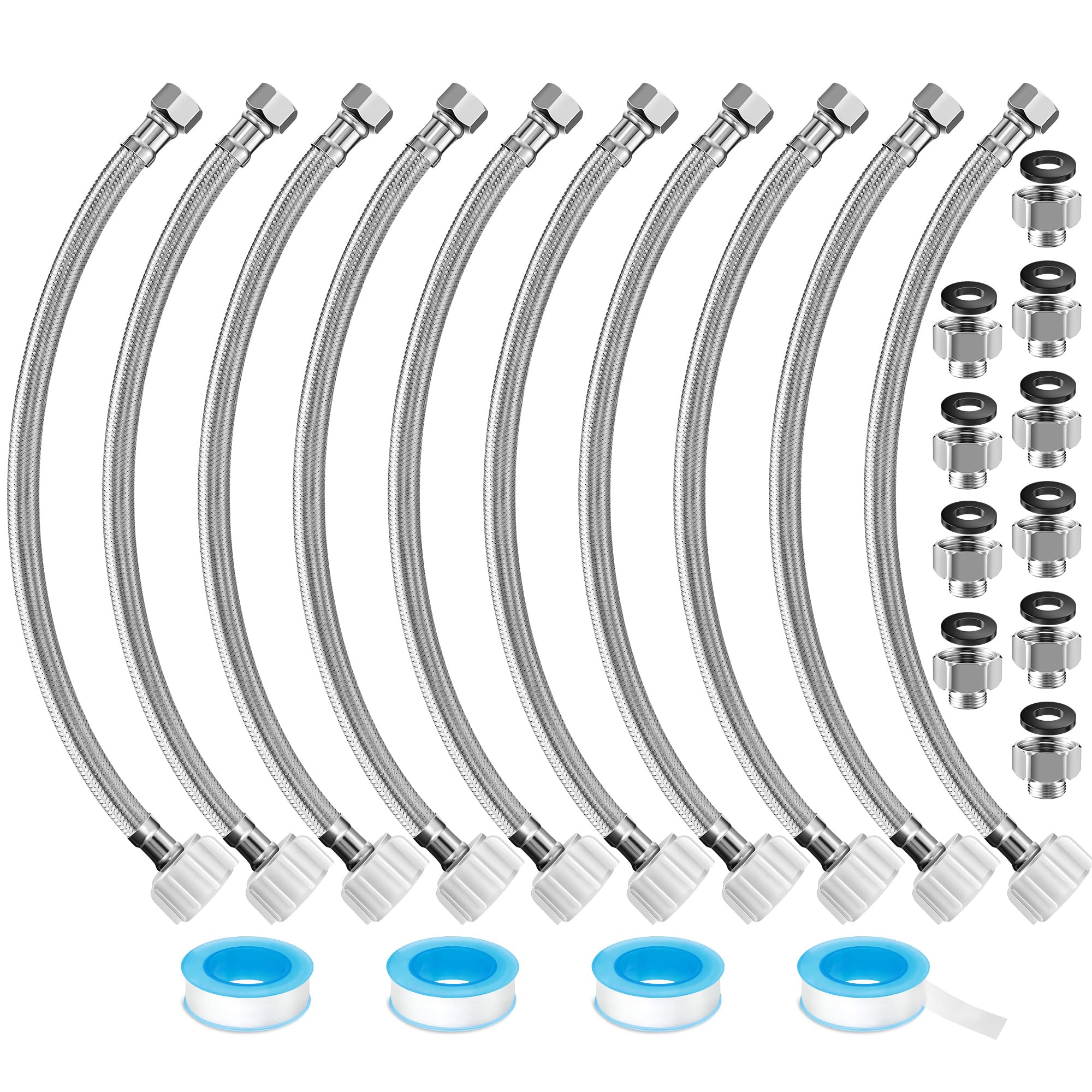 Photo 1 of 10 Pack 16 Inch Toilet Water Supply Connector Line Braided Stainless Steel, 3/8 Female Compression x 7/8 Female Ballcock Thread Includes 10 Pcs 3/8 to 1/2 Water Line Adapter and 4 Pcs Plumber's Tape