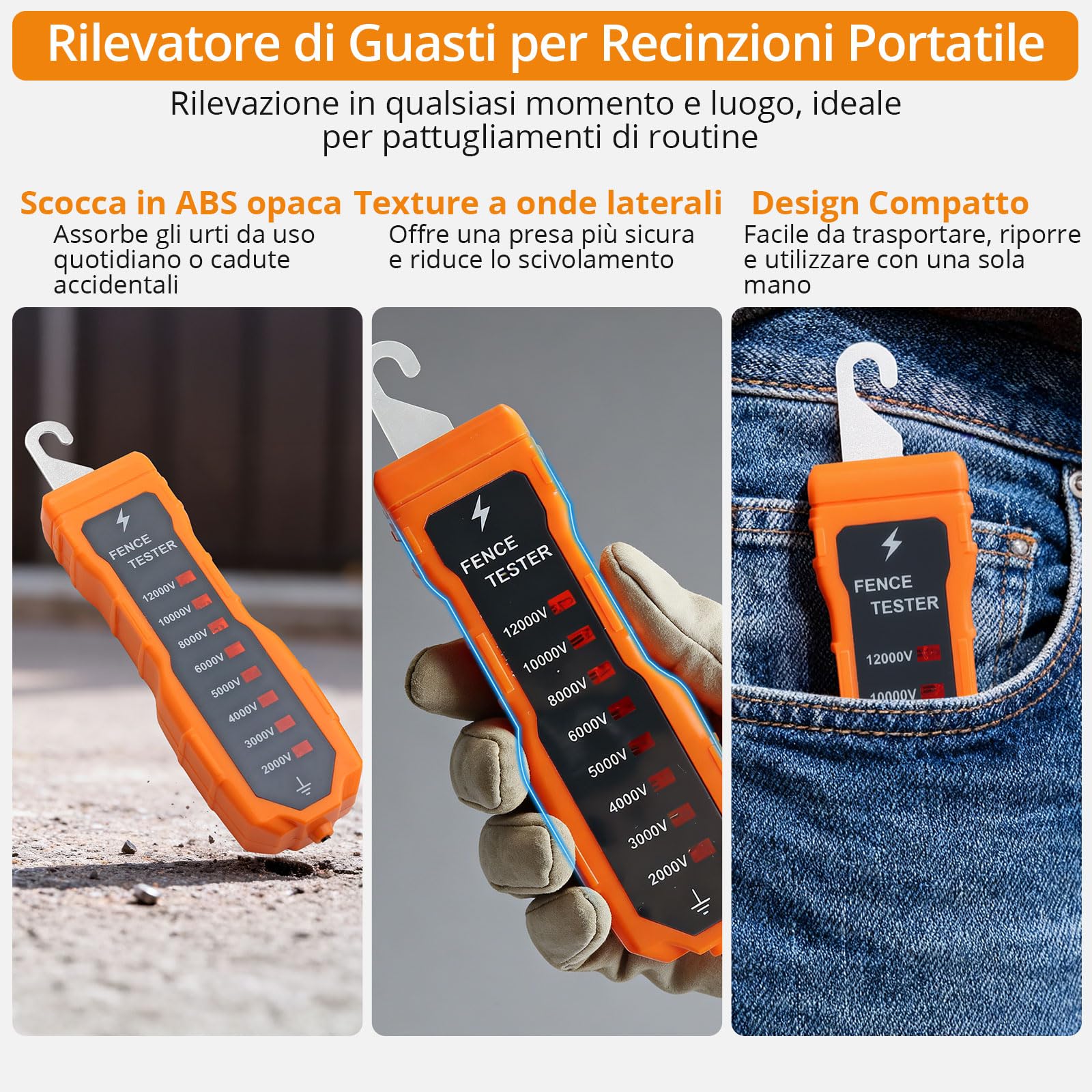 Neoteck Tester per Recinzione Elettrica 2K-12KV con 8 Spie Neon Tester Recinto Elettrico Senza Batteria in ABS per Controllo Tensione da 2000V a 12000V su Fili e Nastri per Allevamenti, Fattoria