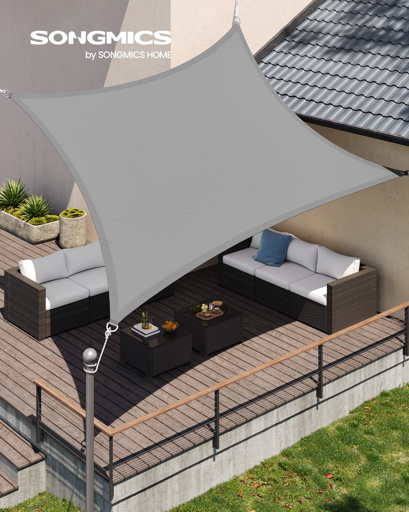 SONGMICS Tenda parasole 3x4 m impermeabile con colonna d'acqua da 665 mm, protezione solare in poliestere antistrappo, protezione UV 93%, per terrazza, giardino, balcone, rettangolare, corde