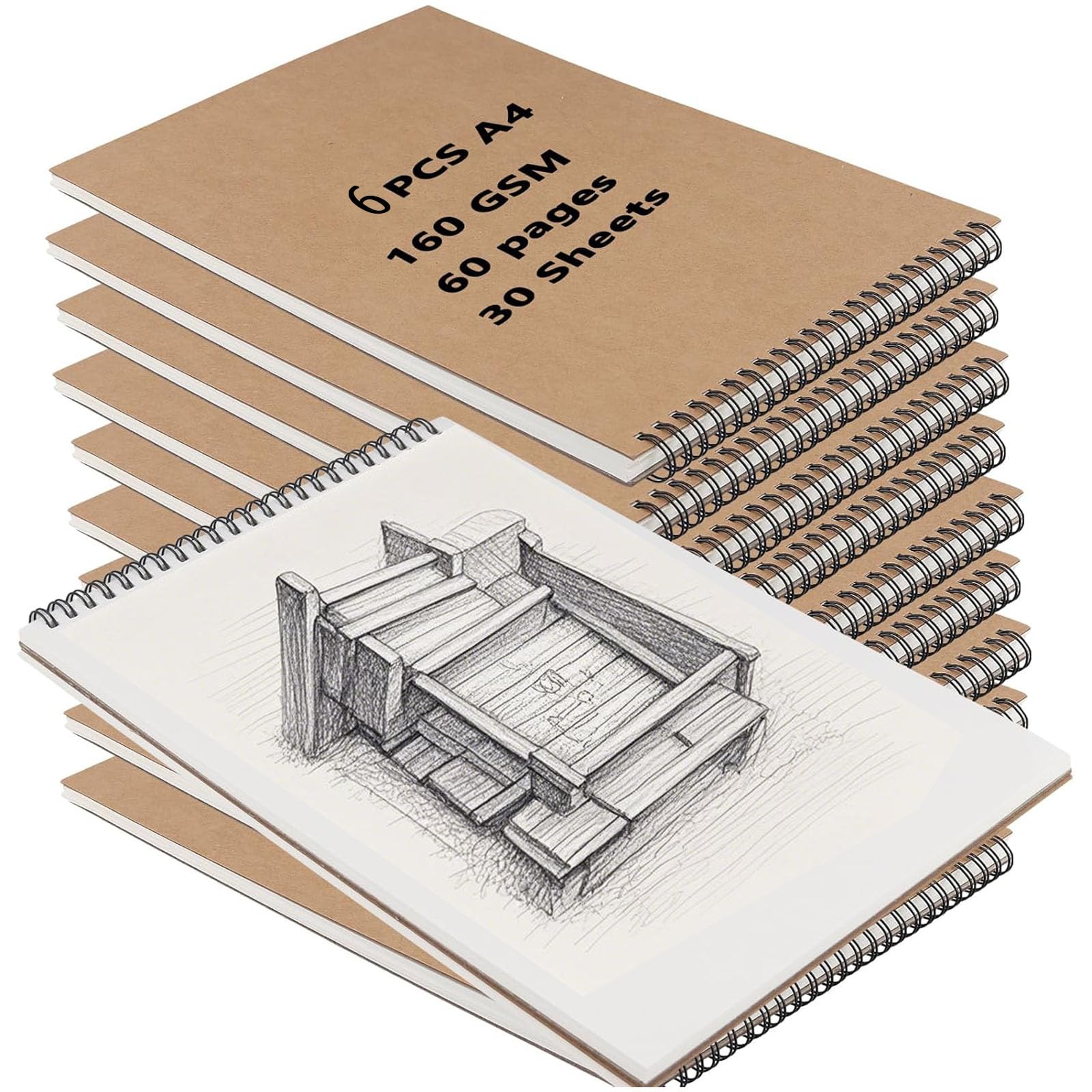 MAKTSAM 6 PCS 160gsm A4 Sketchbook, 60 Pages/30 Sheets Spiral Bound Kraft Paper A4 Sketch Book Landscape Sketchbook
