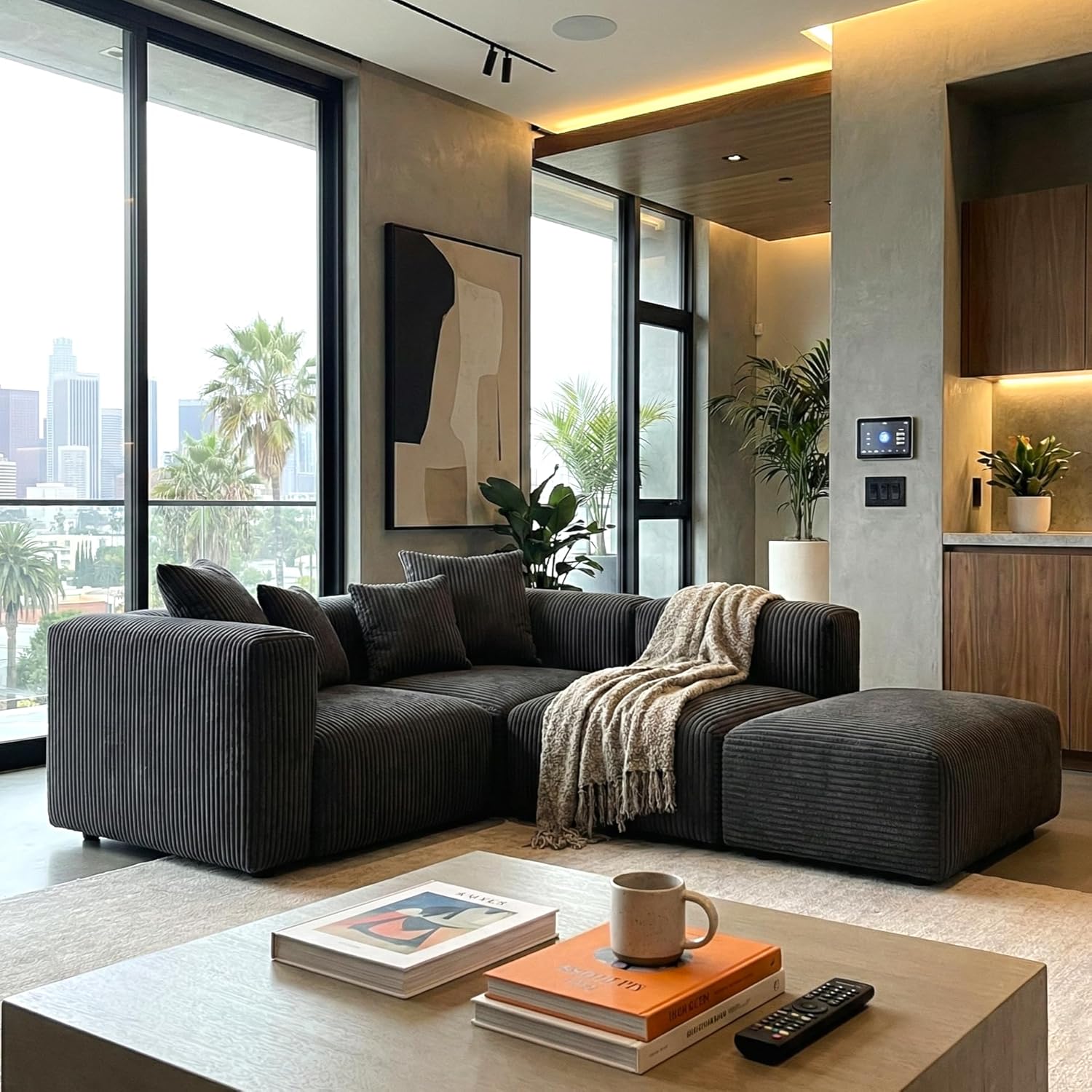 Acanva Convertible Modular Sectional Sofa with Movable Ottomans, Free Combination Corduroy Couch for Living Room Apartments, L-Shaped, Black