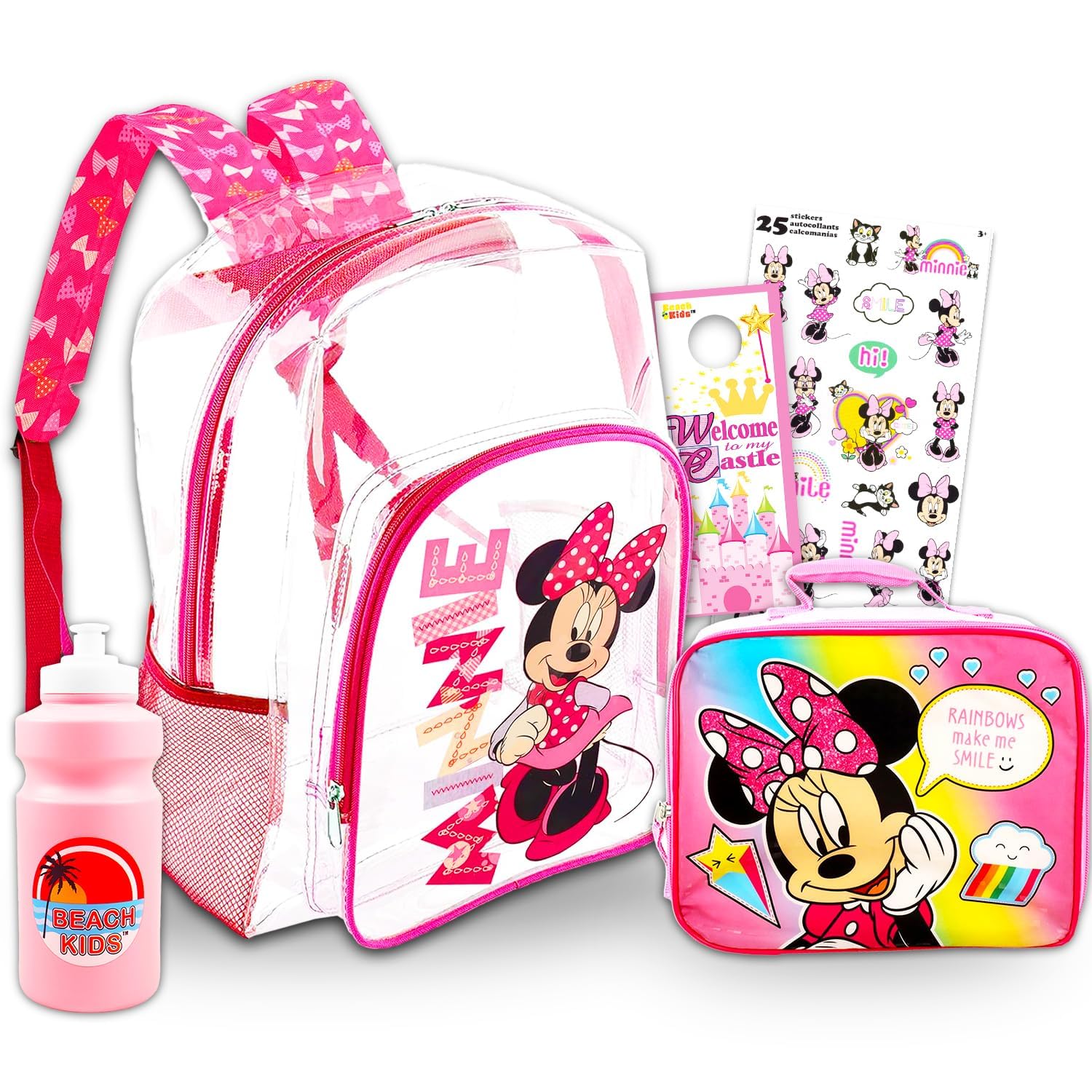 Minnie Mouse Clear Backpack with Lunch Box - Bundle of 16" Bag, Lunch Box, Bottle, Stickers, More | Transparent School Supplies for Kids