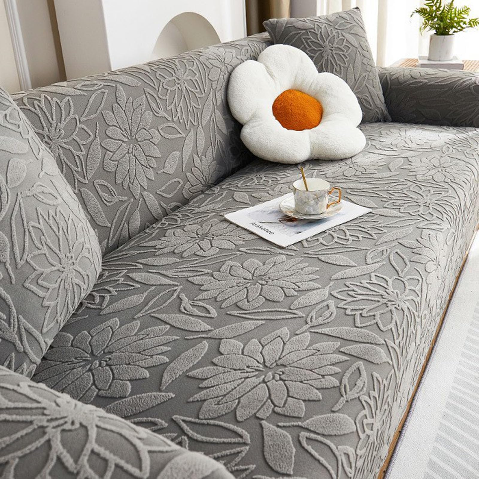 Hixingo Floral Pattern Anti-Slip Anti-Scratch Sofa Cover,1 2 3 4 Seater Couchcover Stretch Sofa Covers,Full Coverage Settee Protector Soft Protector for Living Room Home Decor (Grey,3 Seater)