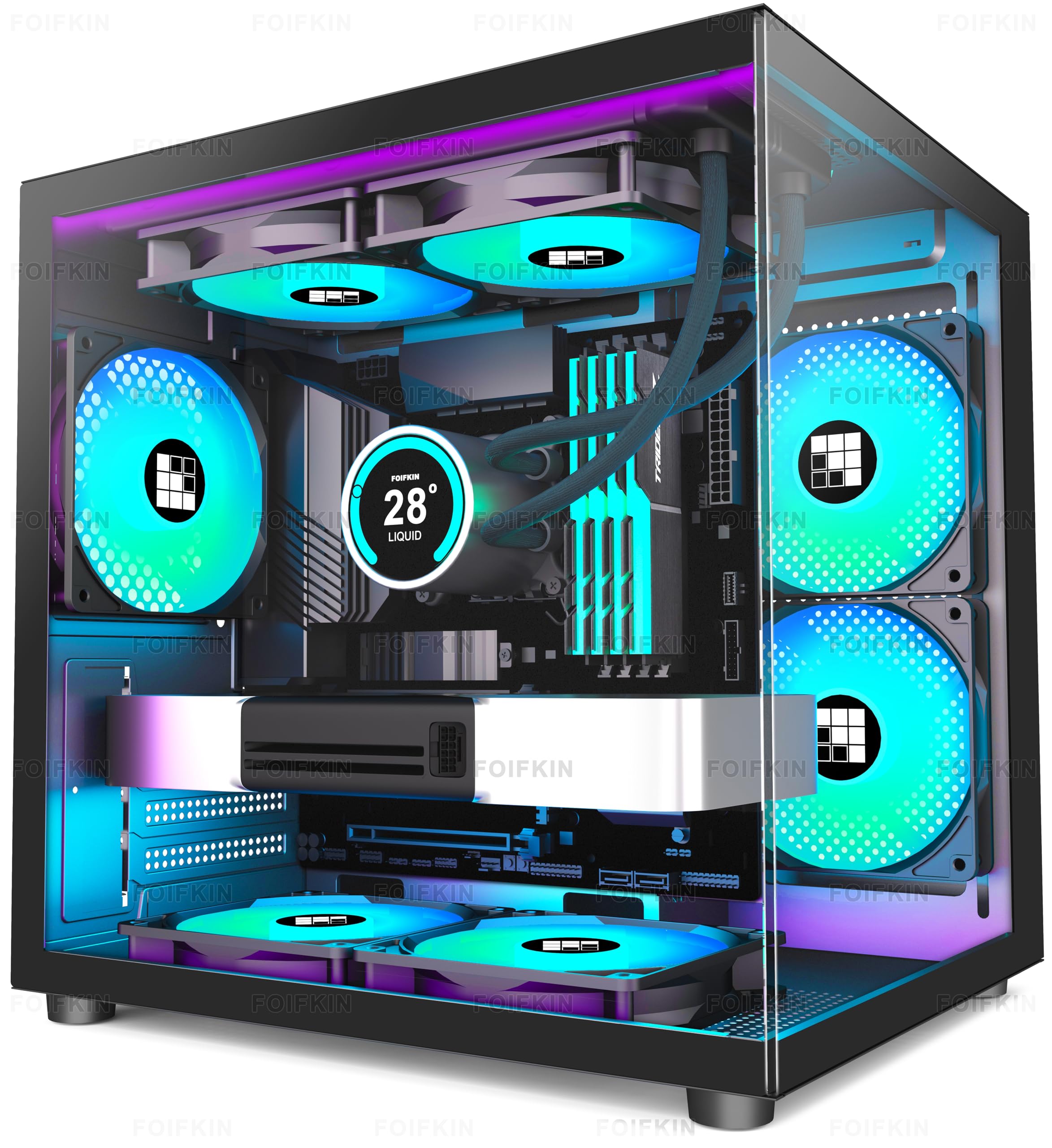FOIFKIN F100 Micro-ATX PC Gehäuse mit 3 ARGB Lüfter, MicroATX Gehäuse Schwarz,MINI PC-Gehäuse Gaming,240mm Radiator Computergehäuse,270° Panorama Tempered Glass