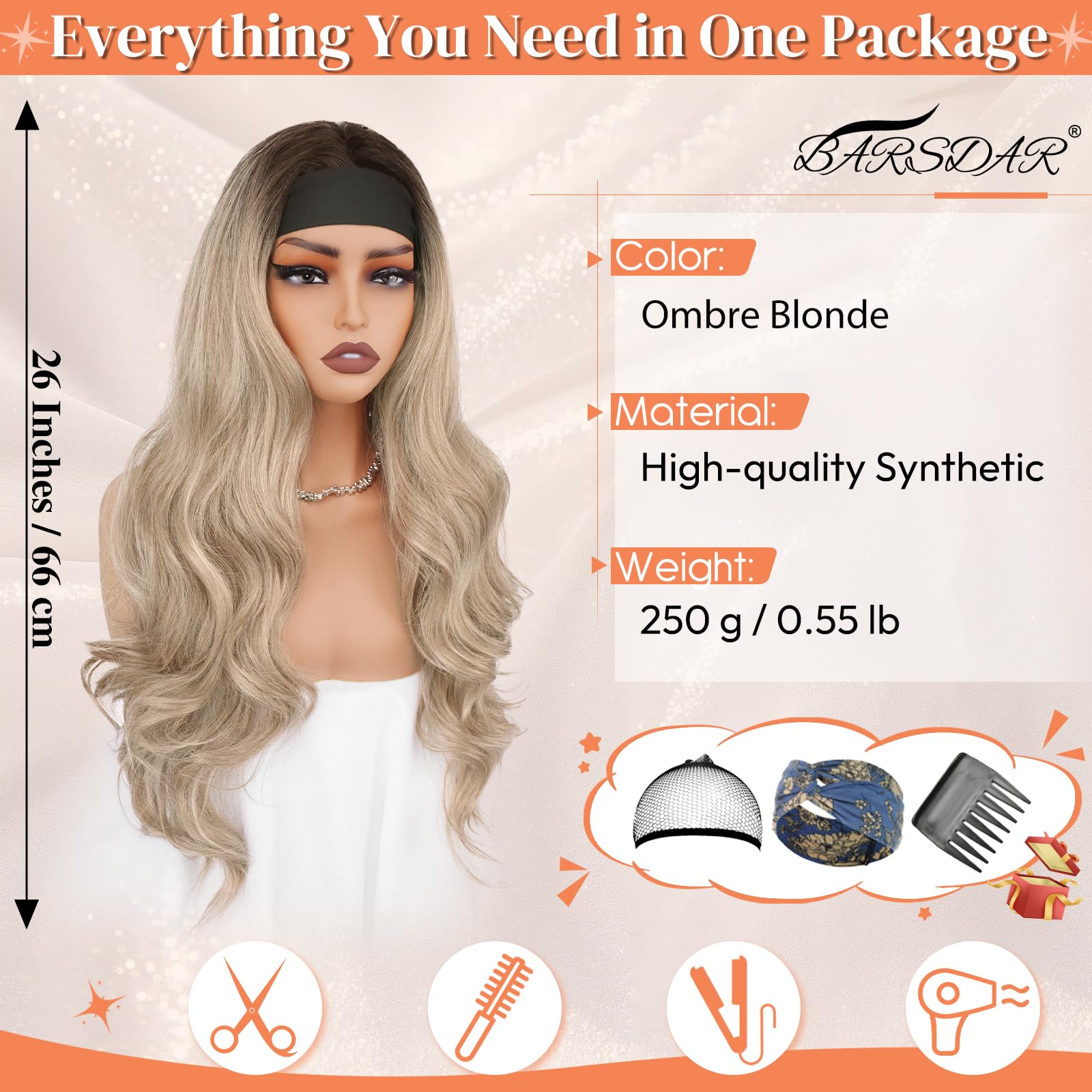 BARSDAR Ombre Blond Gewellte Stirnband Perücke, 66cm Lange Lockere Gewellte Synthetisches Stirnband Perücke für Frauen - Kleberlos Leichtes Natürliches Aussehen Einfaches Tragen Stirn Band Perücken