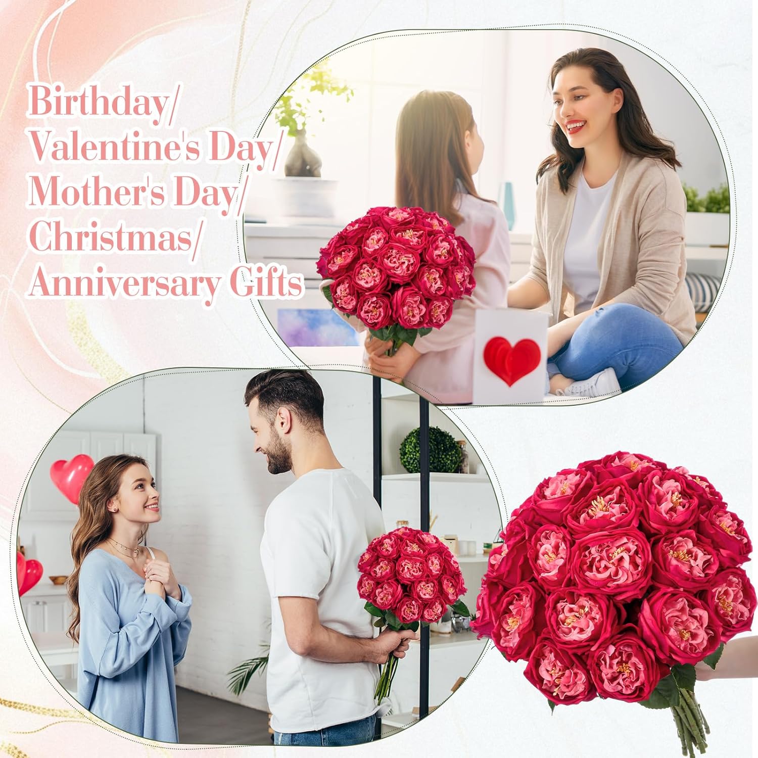 Giegxin 20 Pcs Real to Touch Peonies Austin Roses Artificial Flowers, Faux Look Real Long Stems Fake Flower with Big Blooms for Christmas Valentines Wedding DIY Arrangement Home Decor(Rose Red)