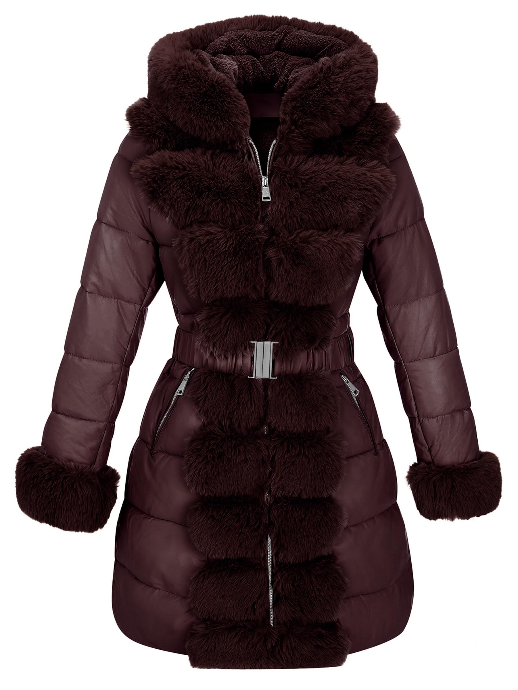 RISISSIDA Women Winter Fur Lined Coat,Puffer Jacket with Long Fur Trim Hooded,Warm Leather Bubble Overcoat Cold-resistant: Medium Burgundy Wine