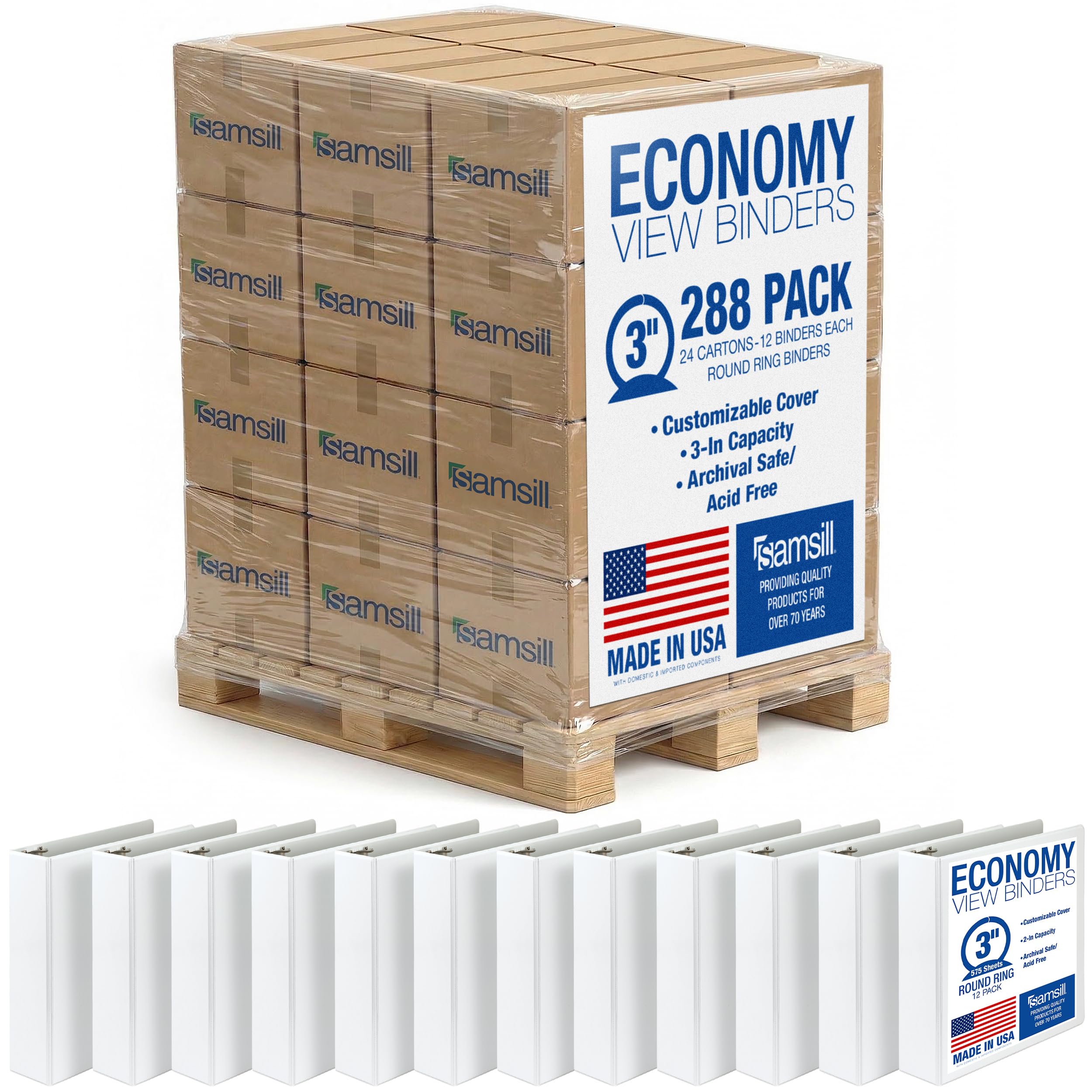 Samsill Economy 3 Inch 3 Ring Binder Bulk Pallet, Round Ring Binder, Customizable Clear View Cover, White, Pallet of 288 Binders in 24 Cartons