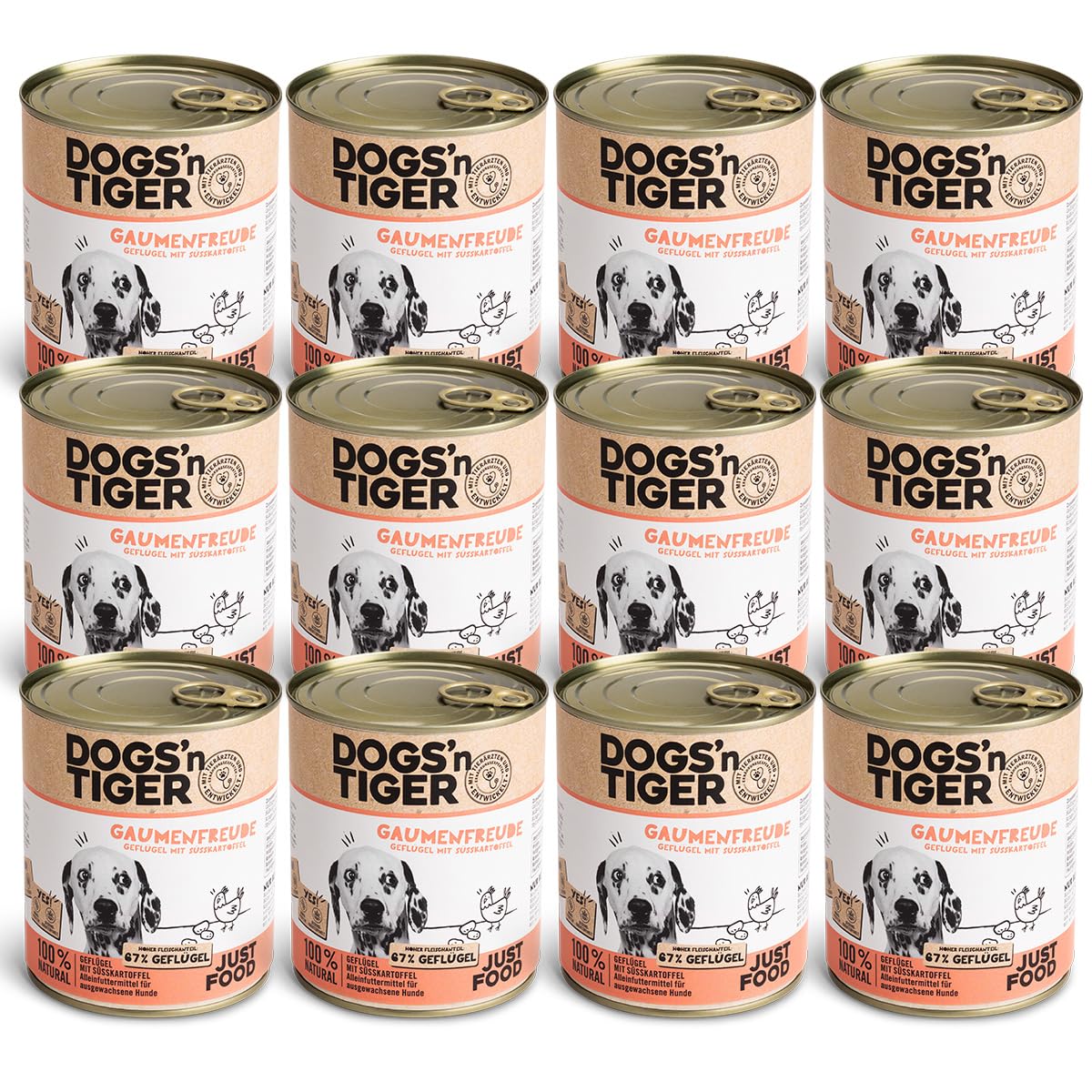 Dogs'n Tiger - Cibo umido per cani, per cani e gusti, formula con 67% di carne di pollame, senza zucchero, cereali e aromi artificiali, 12 x 800 g