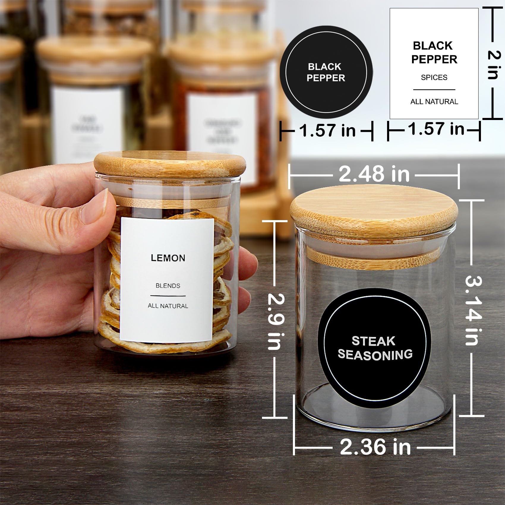 EgticHome Gewürzgläser aus Glas mit Bambusdeckel und 315 Etiketten, transparent, für Küche, Zucker, Salz, Kaffee, Tee, Bohnen, 118 ml, 20 Stück