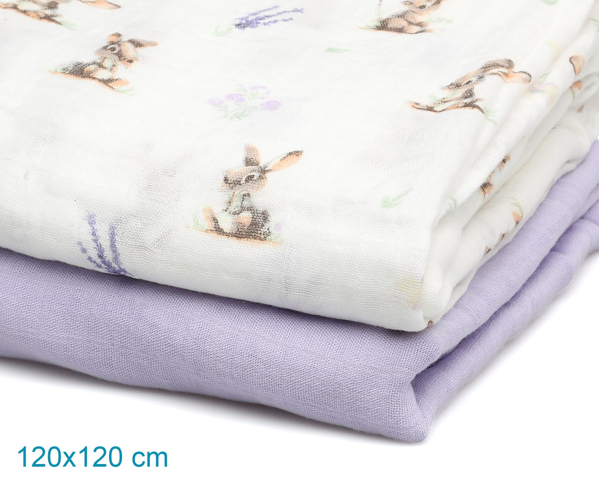 Kiokids | Set 2 Mussole, Coniglietti e Lavanda | Collezione Petit Moments | 70% bambù e 30% cotone | Ultra morbido | Antibatterico e termoclimatico | Protettore UV |+0 mesi | 120x120cm