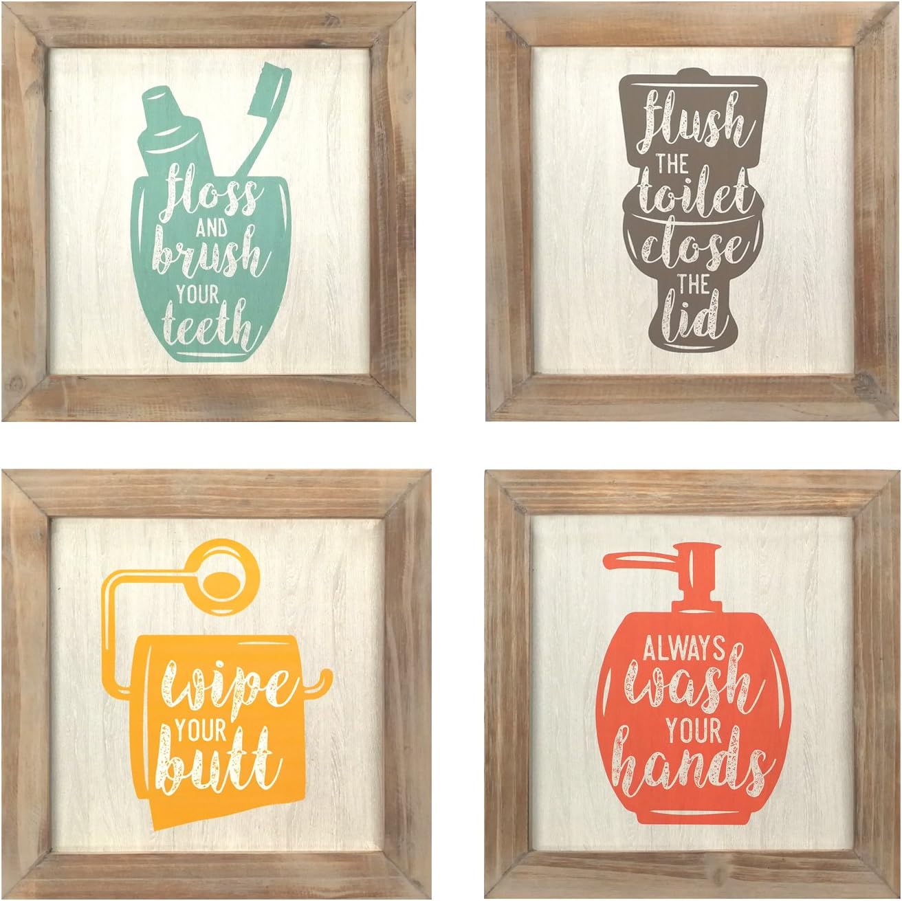 Stratton Home Decor S07752 Floss Flush Wipe Wash Wall Art (Set of 4), 10.00 W x 0.50 D x 10.00 H, Multi
