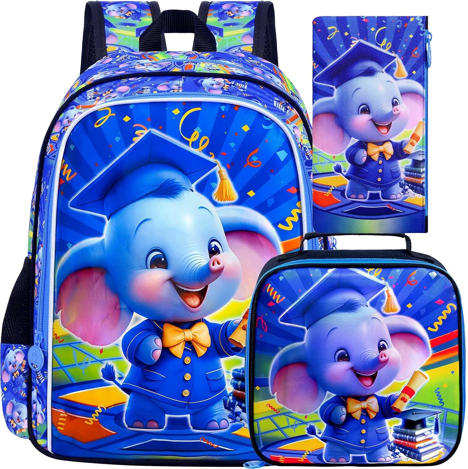gxtvo 3PCS Elephant Backpack for Boys, 16" Kids Bookbag with Lunch Box, Water Resistant Elementary Preschool Toddler School Bag - Blue Dr.Elephant