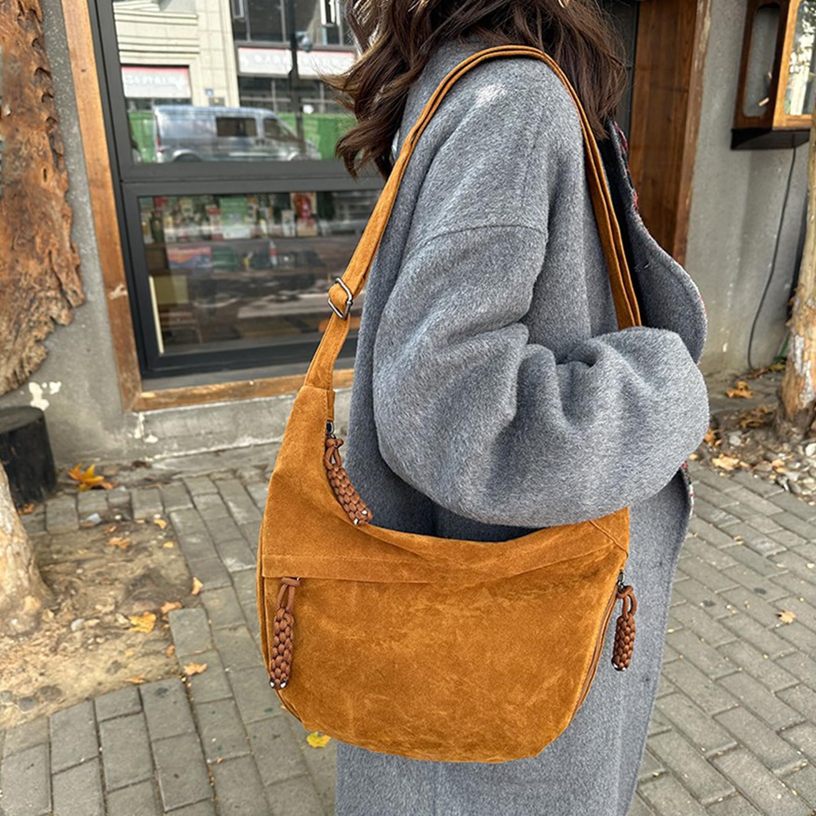 MRKU Umhängetasche aus Wildlederimitat, Retro-Stil, große Handtasche für Damen
