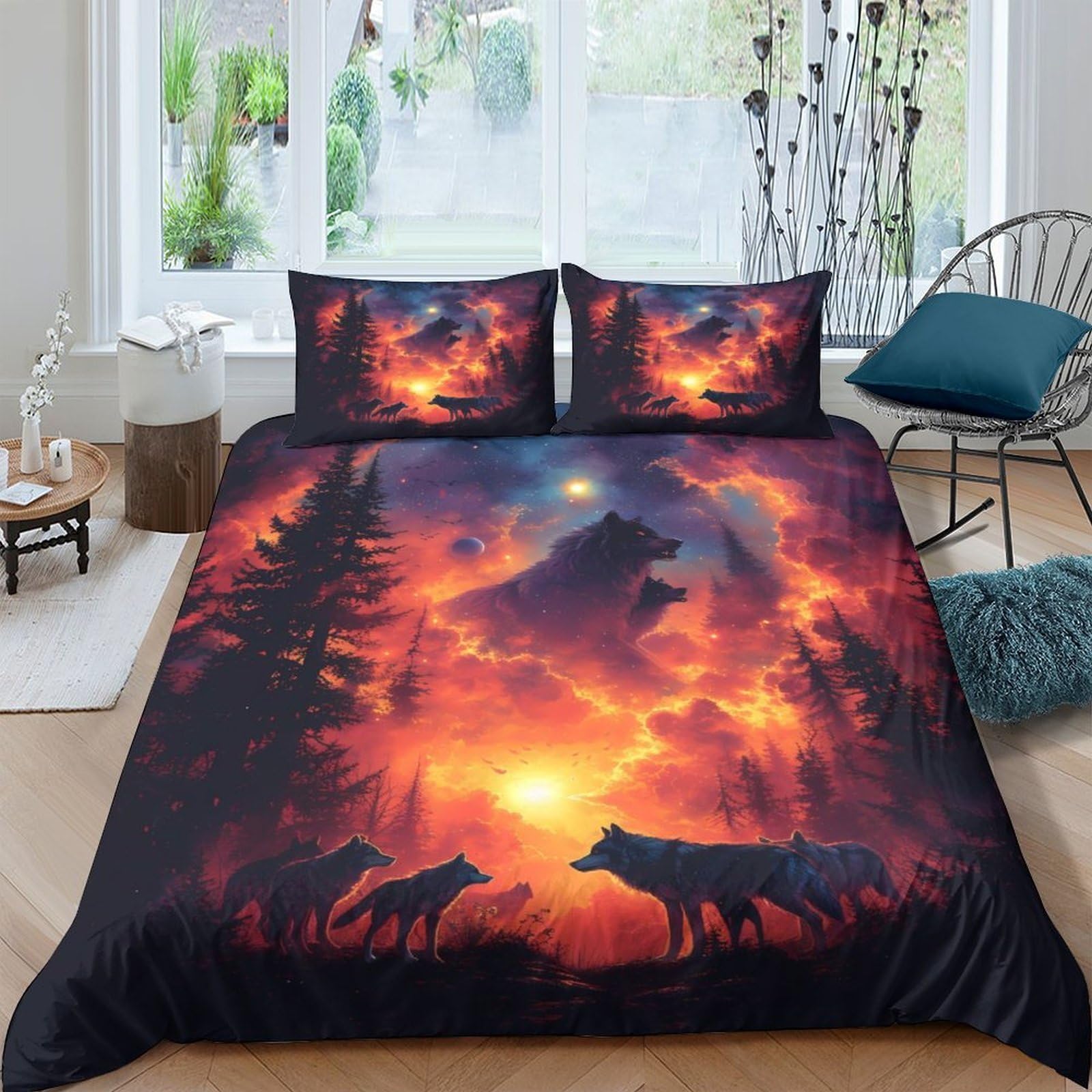 Ctjqhvkz Style-9 3D Printed Sunset Forest Fitted Sheet Microfiber Soft Breathable Wolf Silhouette Bed Cover For Bedroom Dorm Decor Single（135X200cm）