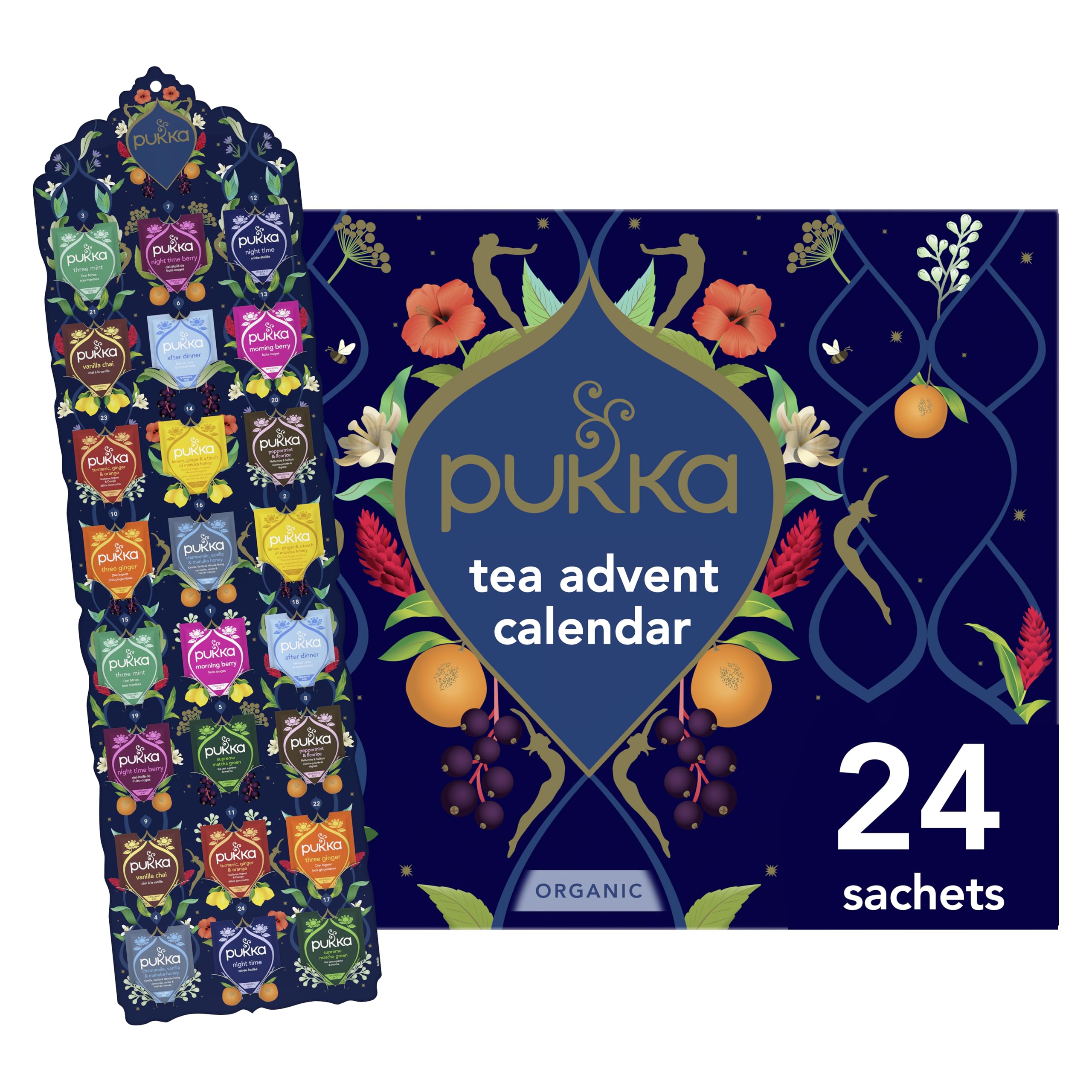 Pukka Advent Calendar 2024 Organic Tea Sampler, Selection of 24 Delightful Black & Green Tea Infusions, Christmas Gift for Tea Lovers, 100% Organic