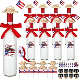 DoubleFill 8 Set Puerto Rico Wine Bottles 16 oz Glass Coquito Bottles with Airtight Cap Stickers Mini Straw Hats and Red Ribbon for Vanilla Extract Homemade Brewing Beverages Liqueur