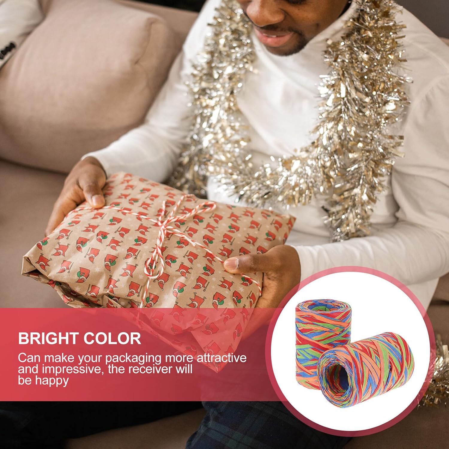 2 Rolls Colorful Raffia Paper Rope Twine String DIY Craft Wrapping Ribbon for Packaging and Holiday Decoration, Natural Twisted Paper Cord for Arts and Crafts, 80m Each