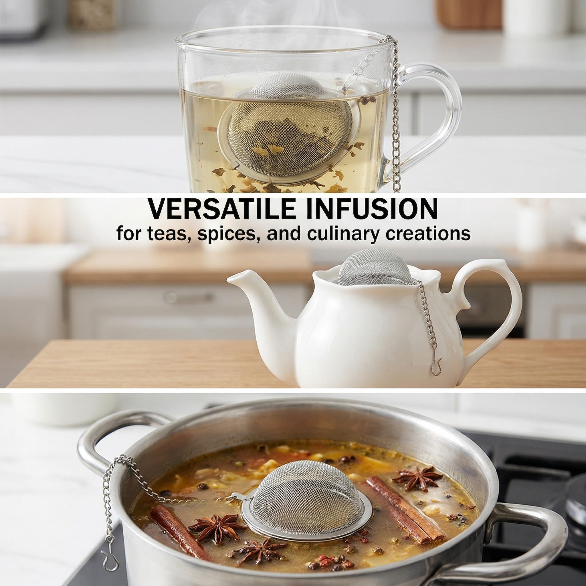 3 Piezas Bolas Infusoras de Acero Inoxidable, Colador de Té con Cadena y Gancho, Filtro Reutilizable para Hojas de Té, Hierbas y Especias