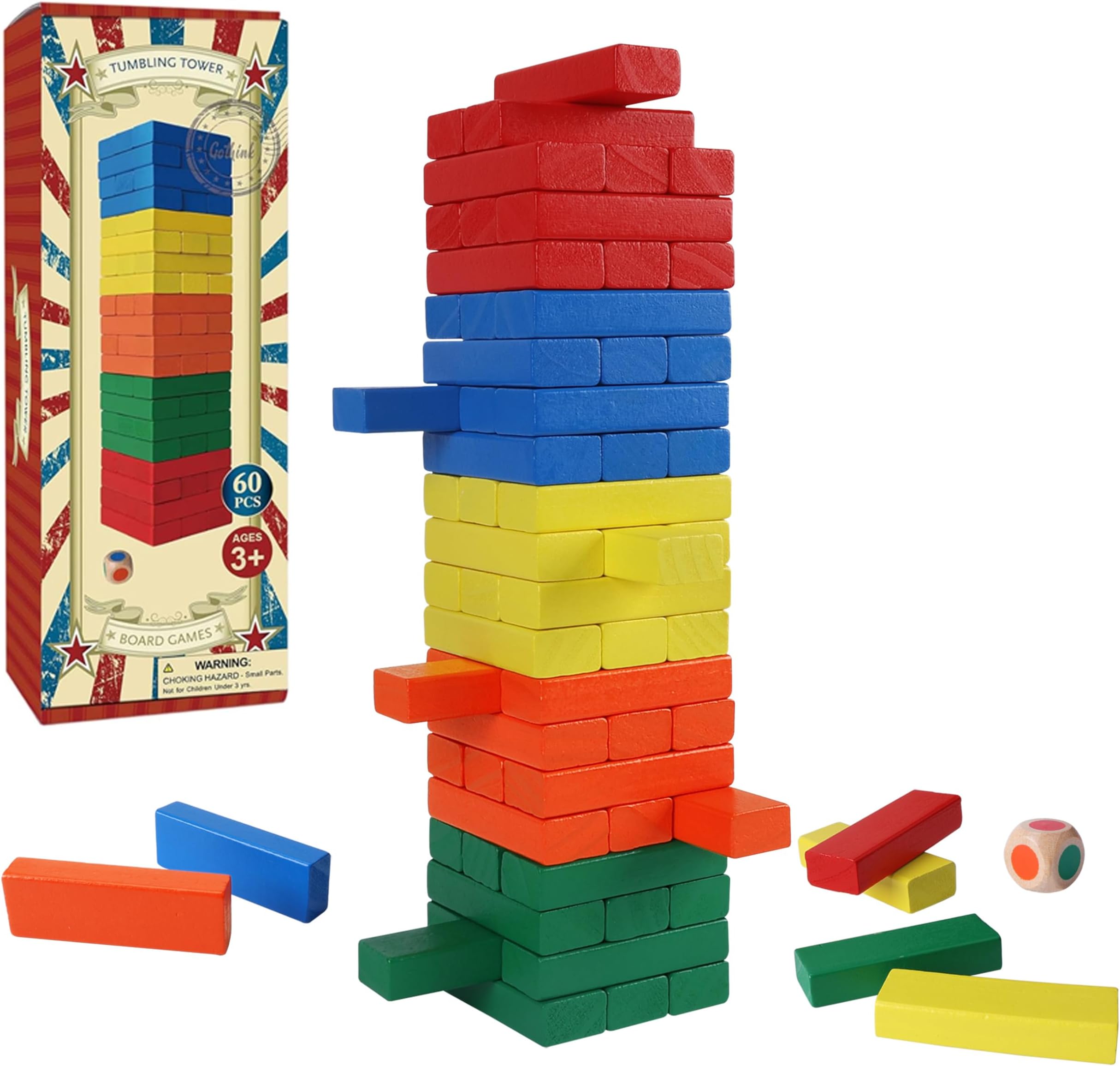 GOTHINK Wooden Blocks Stacking Game with Storage Box, 60PCS Toppling Colorful Tower Building Blocks Balancing Puzzles Montessori Toys Learning Sorting Family Games Educational Toys Gifts for Kids