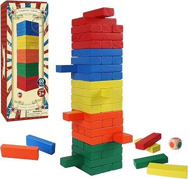 GOTHINK Wooden Blocks Stacking Game with Storage Box, 60PCS Toppling Colorful Tower Building Blocks Balancing Puzzles Montessori Toys Learning Sorting Family Games Educational Toys Gifts for Kids
