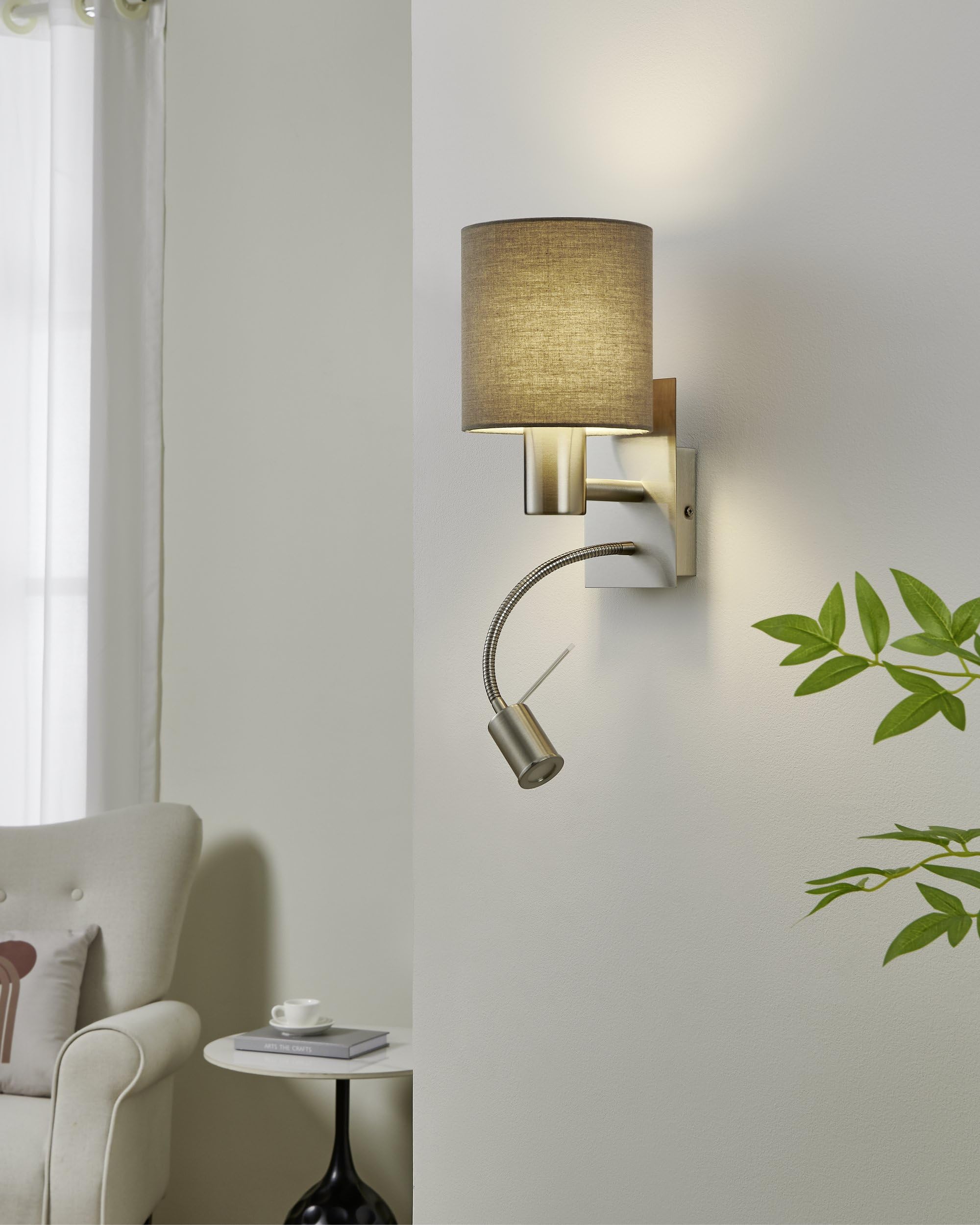 EGLO LED lampa ścienna PASTERI, 2-ogniskowa tekstylna lampa ścienna | materiał: stal, tkanina, kolor: nikiel matowy, szary, oprawka: E27, z przełącznikiem i elastyczną lampą do czytania LED