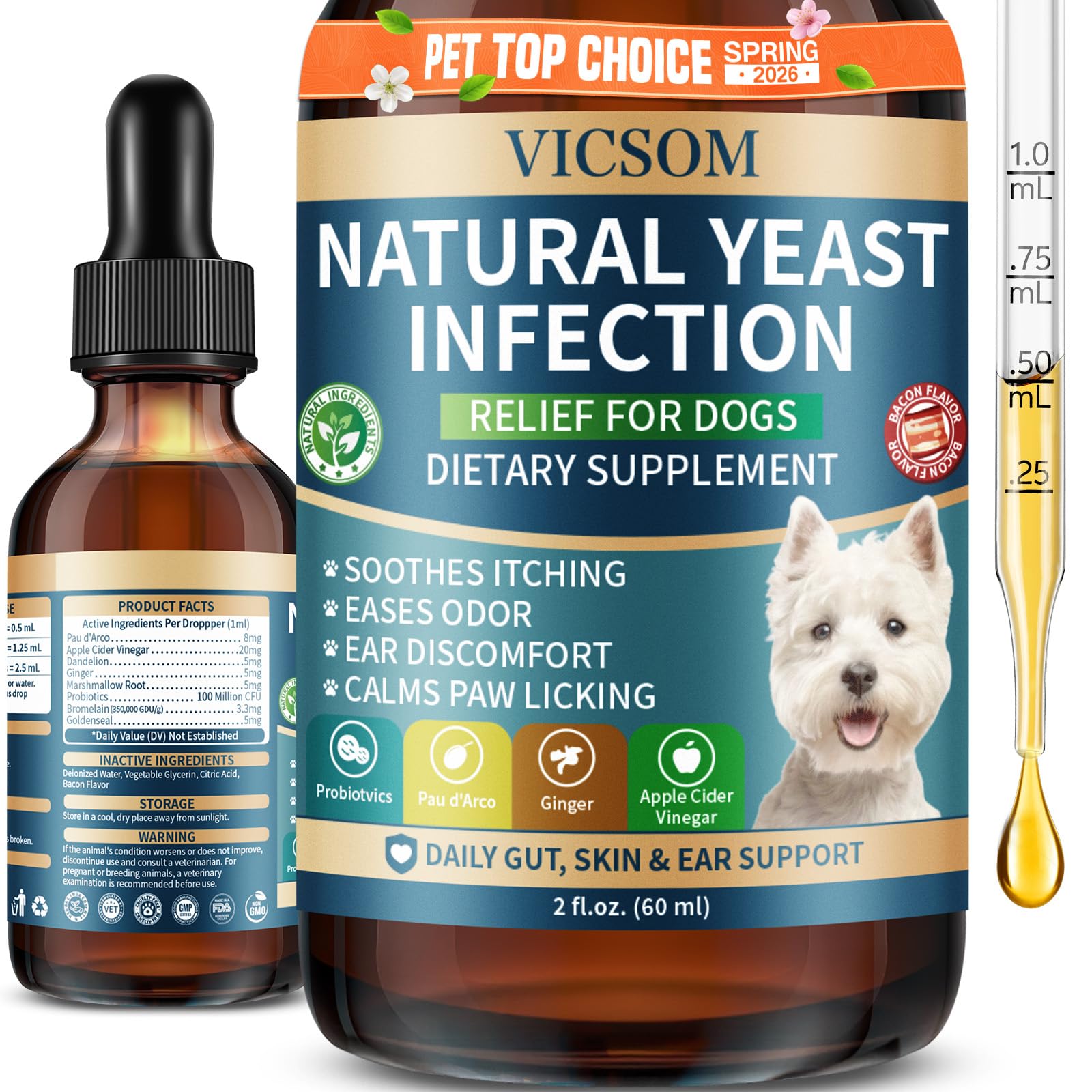 VICSOM Natural Dog Yeast Infection Treatment for Dogs, Itchy Skin & Ear Treatment Natural Support Allergy Relief, Dog Yeast Infection Relief, Support Irritation, Itching & Inflammation 60ml