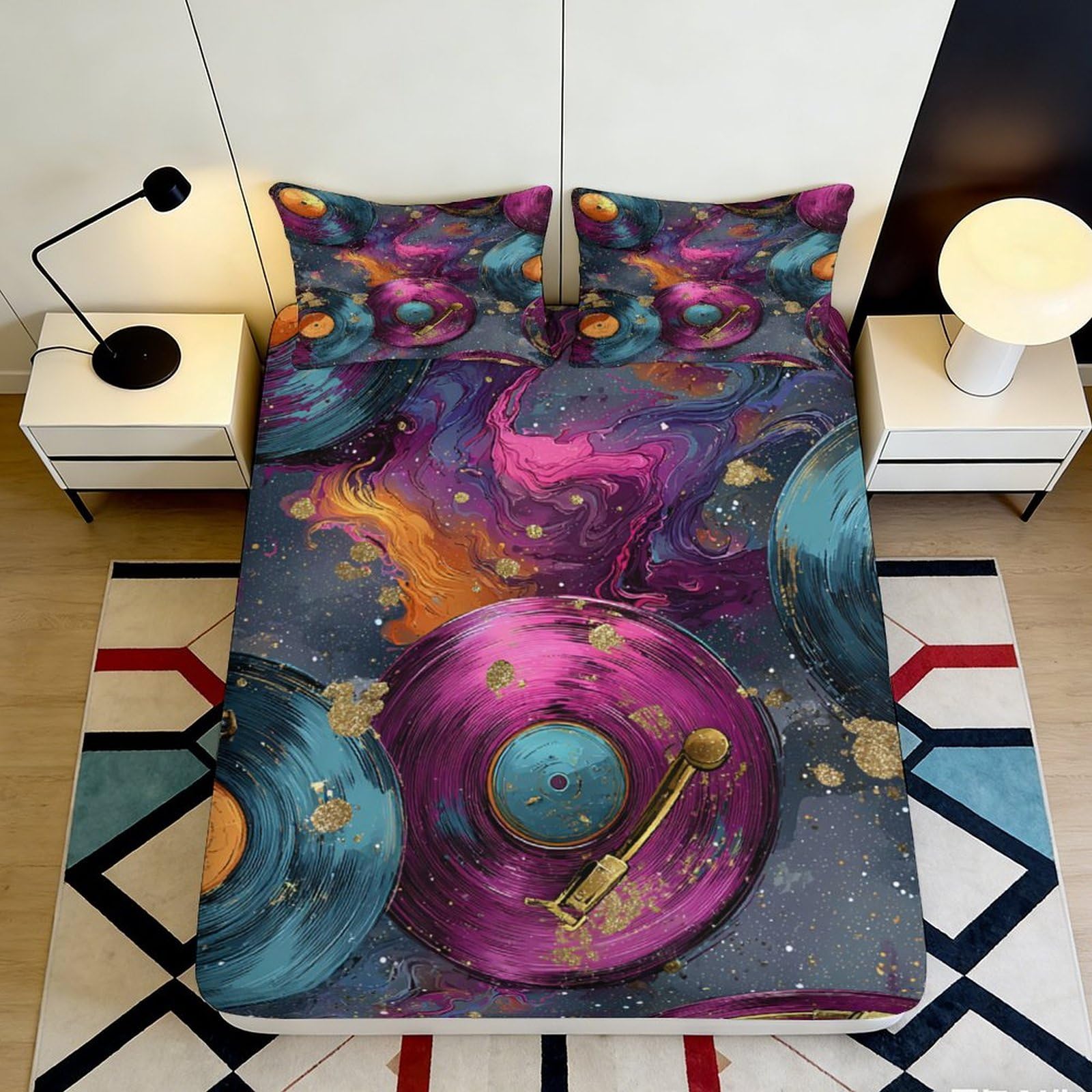3D Printed Vinyl Record Fitted Sheet Microfiber Soft Abstract Swirl Mattress Cover for Bedroom Dorm Decor 90x200x25cm