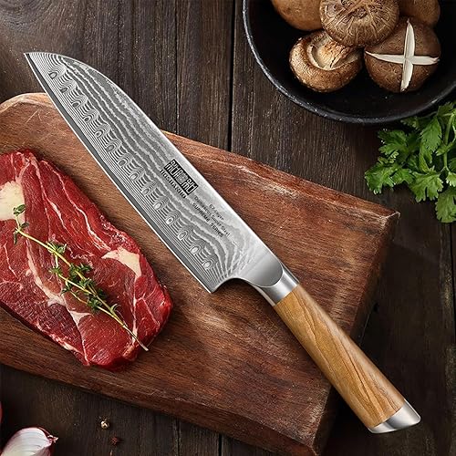 Miniatura 5 de Damascus Santoku Knife 7 Inch, Professional Japanese Damascus Super Steel Kitchen Knife, Cooking Knife with Durable Ergonomic Olive Wood Handle