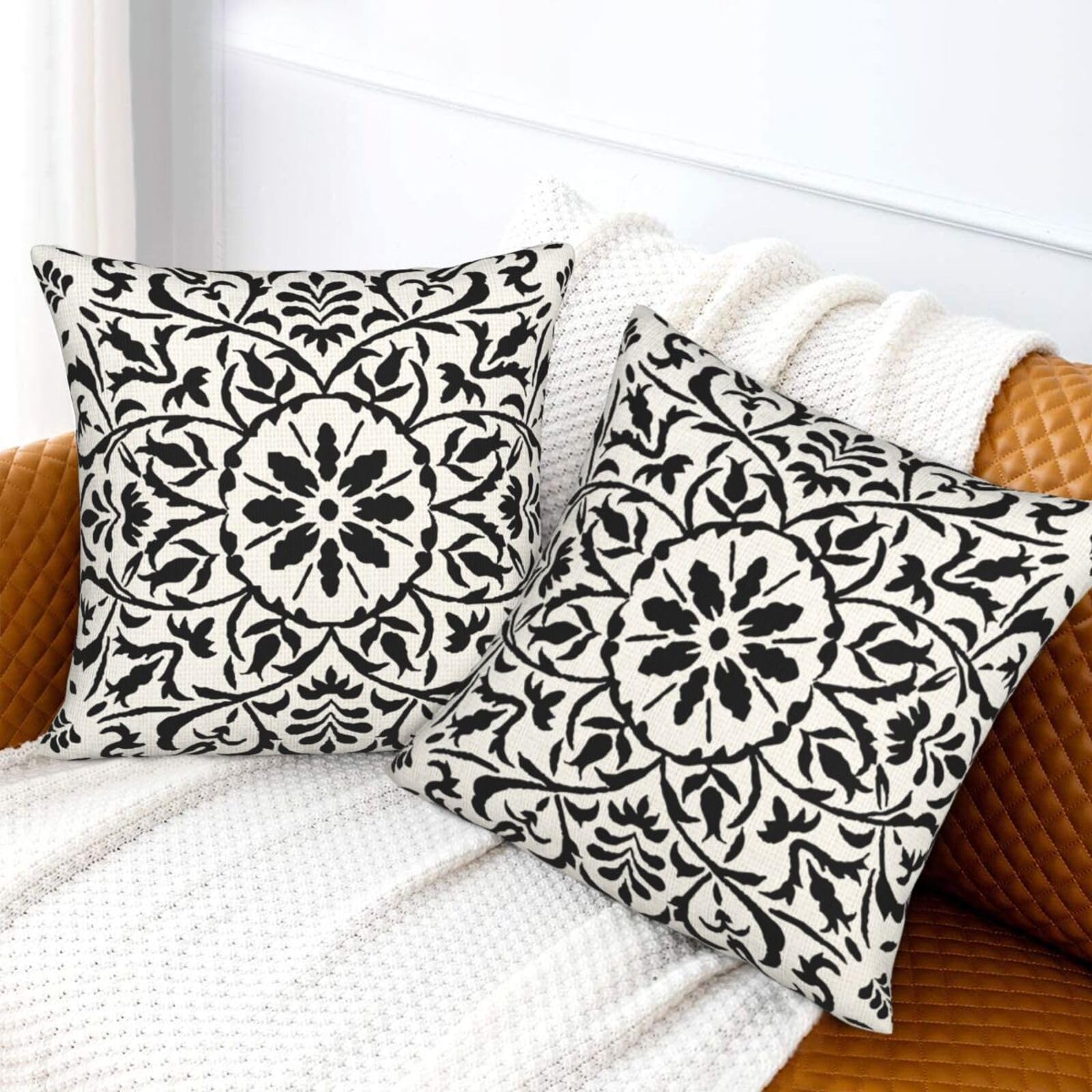 GAAFOSIPH Black Set of 2 Cushion Covers 40cm x 40cm Bohe Flower Modern Double Sided Printed Square Linen Decor 16 x 16 inches Cushions Cases Home Garden Decorations Pillow Cover for Sofa Bed Outdoor - Image 4