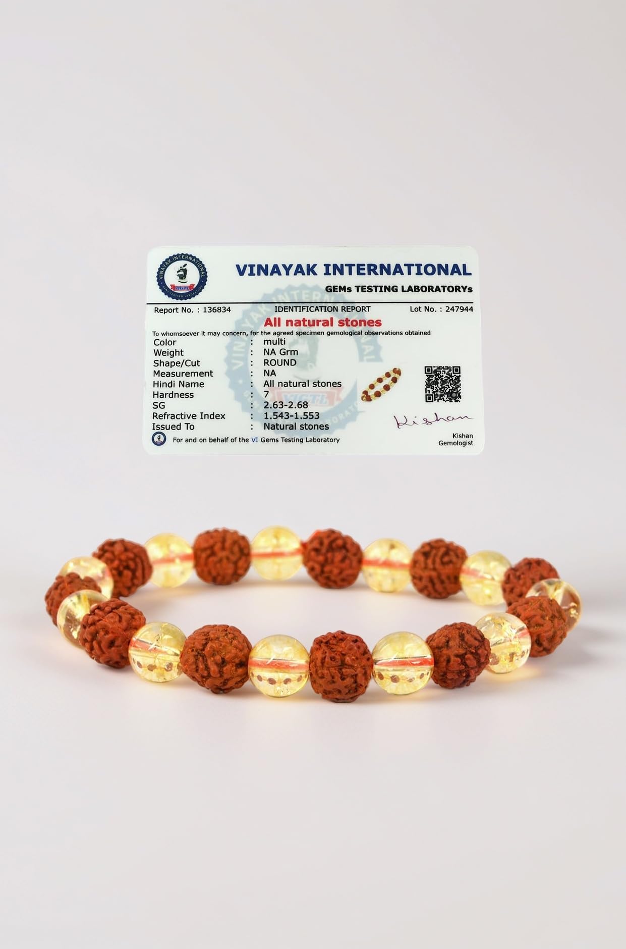 Reiki Crystal Products Natural Certified Citrine with Rudraksha Bracelet, Semi Precious Crystal Gemstone Bracelets for Women and Men