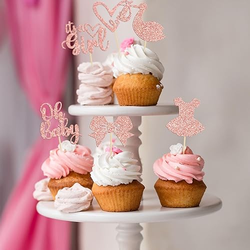Miniatura 5 de Gyufise Paquete de 36 adornos para cupcakes con texto en inglés "It's a Girl" con lazo y corazón, oro rosa, purpurina para pasteles, decoraciones