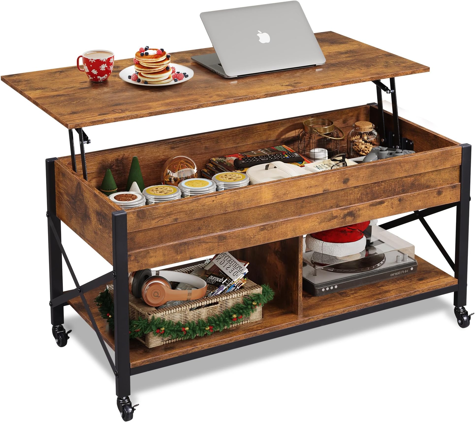 WLIVE Lift Top Coffee Table for Living Room,Coffee Table with Storage,Hidden Compartment and Metal Frame, Central Table with 4 Casters for Reception Room,Rustic Brown.