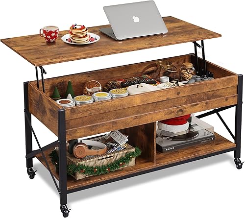 WLIVE Coffee Table, 41.3" Lift Top Coffee Table with 4 Wheels, Hidden Compartment, Storage Shelf and Lift Tabletop for Living Room, Reception Room,