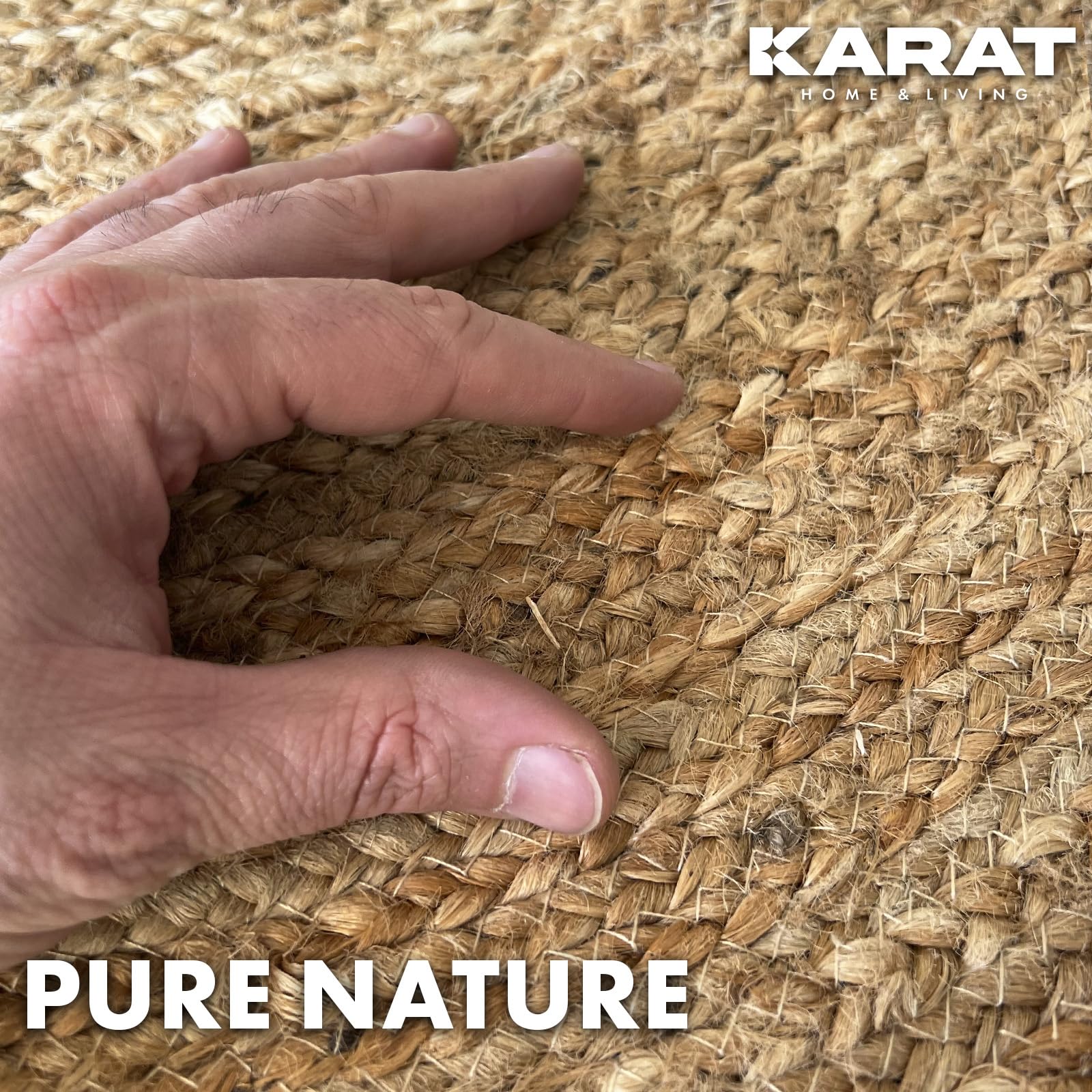 KARAT Jute Teppich rund 200cm Ø Bastteppich aus 100% Naturfaser - geflochten Boho Juteteppich, Handgewebter Naturteppich für Küche & Wohnzimmer robust & reißfest (Surat)
