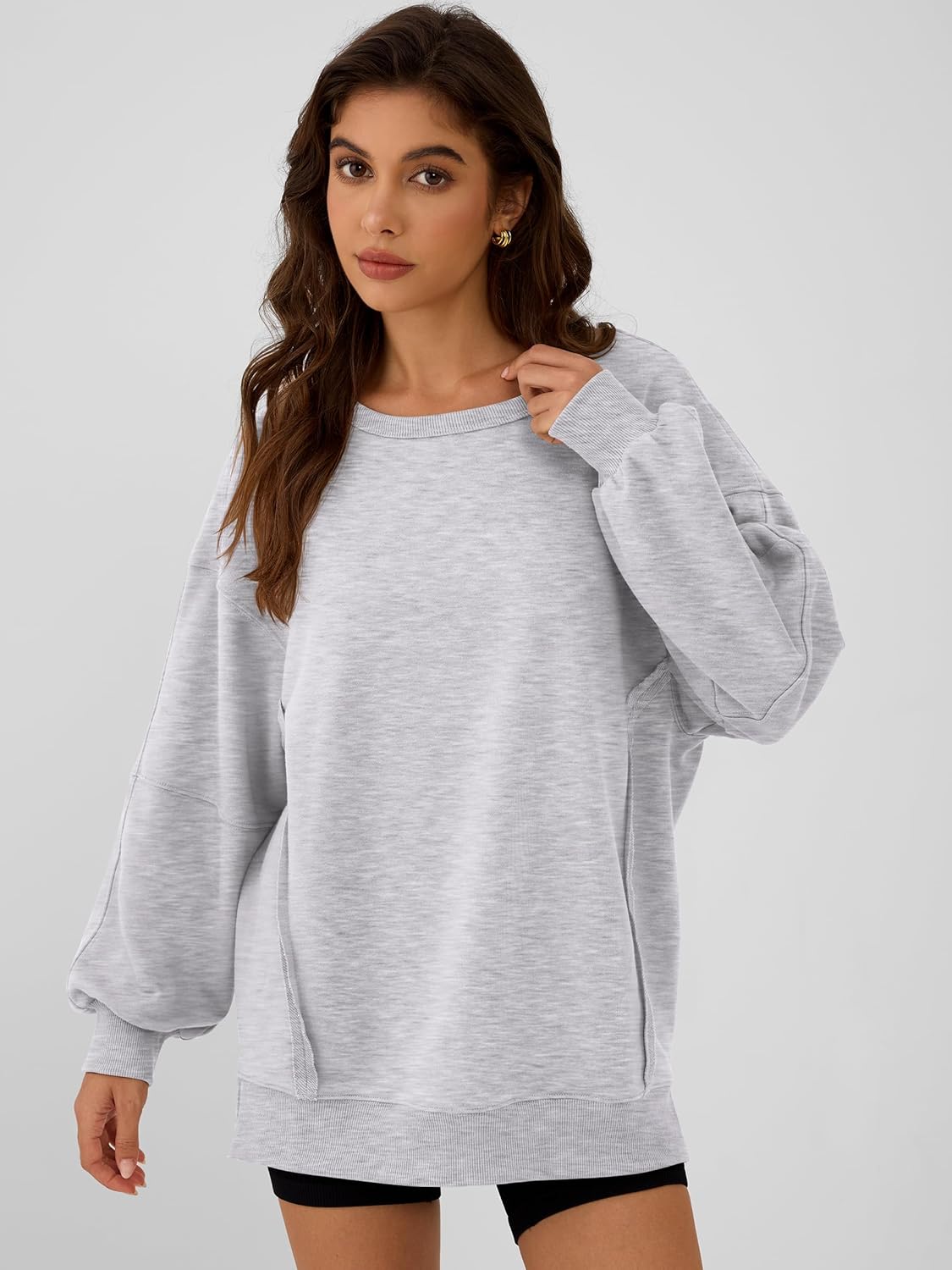 ANRABESS Women Oversized Long Sleeve Sweatshirts Crewneck Side Slit Loose Teen Girl Pullover Top 2026 Fall Y2K Trendy Outfits Light Grey X-Large - Image 3