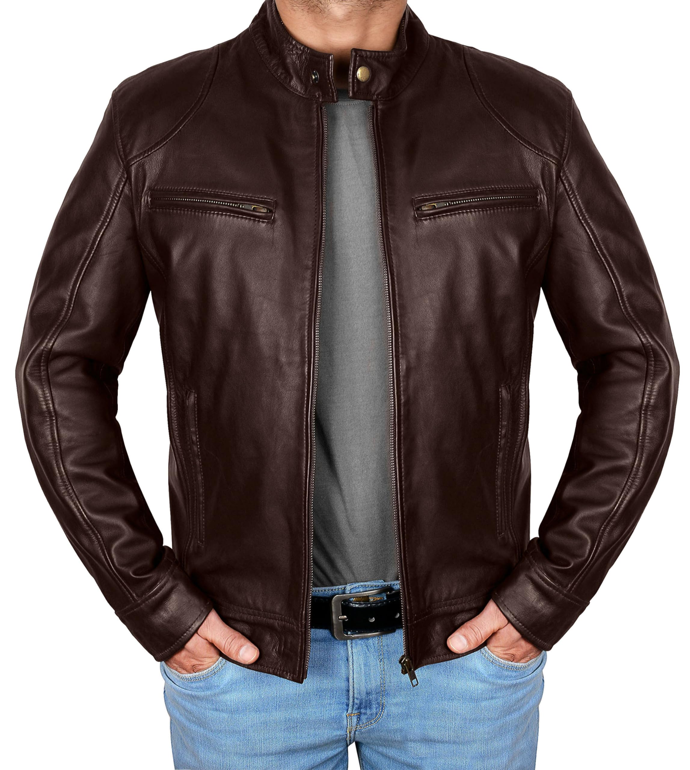 Lp-Facon Men's Brown Real Leather Brown Leather Jacket - Lambskin Leather Jacket - Biker Jacket