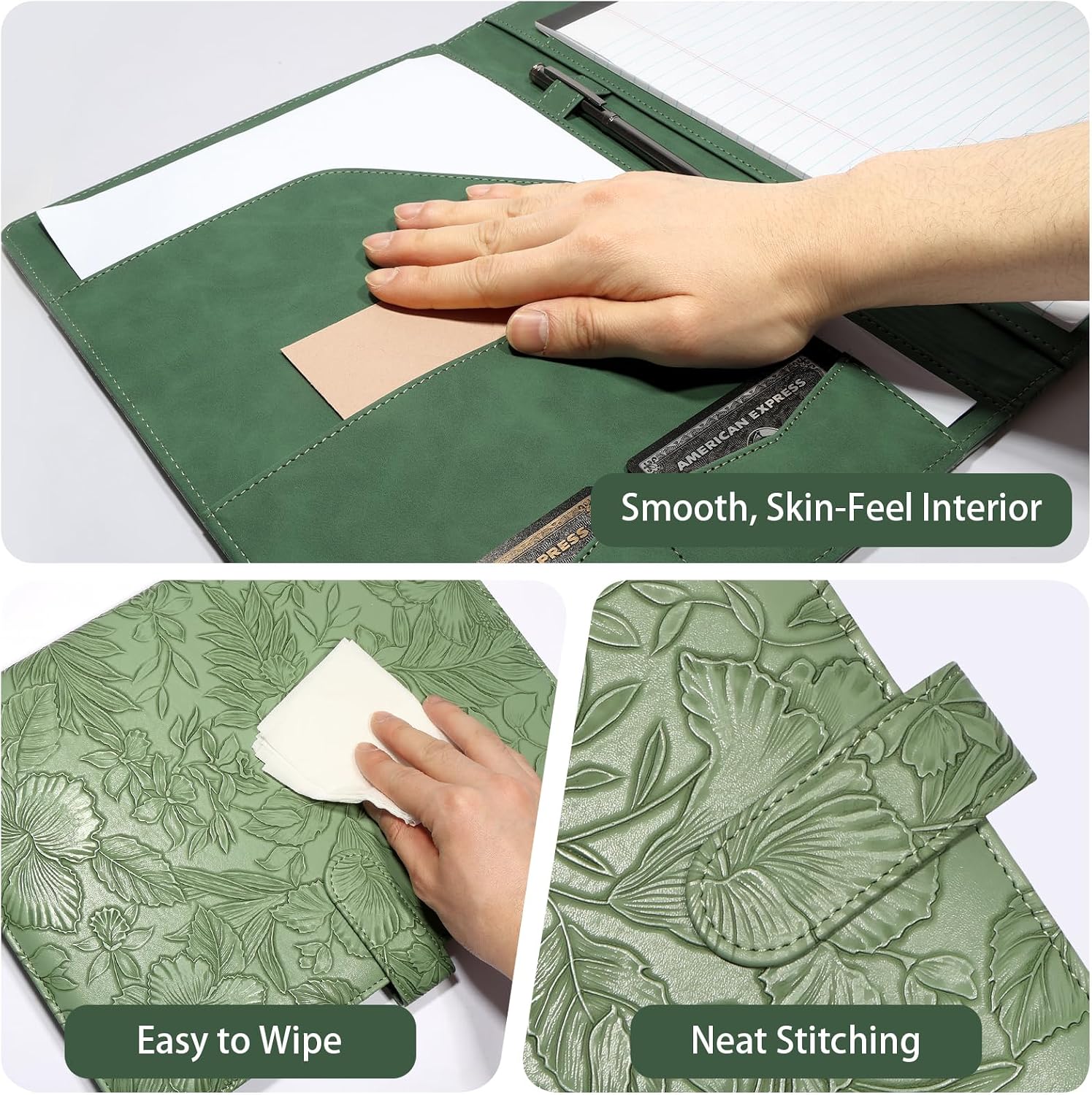 Professional Padfolio Portfolio Binder, Textured Embossing Faux Leather Folder Organizer for Letter Size Legal Pad Notepad Resume, Card Holder for Women Men Business Office Conference (Green)