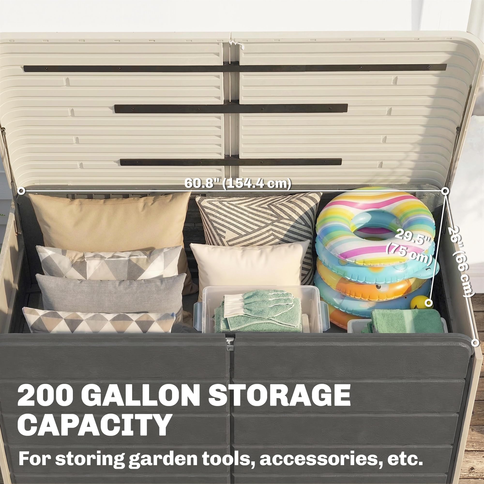Outsunny 200 Gallon Garden Storage Box, HDPE Deck Box with Wheels, Lockable Lid, Pneumatic Gas Rods and Side Handles, Outdoor Patio Storage Container for Garden Tool, Beige & Grey - 4