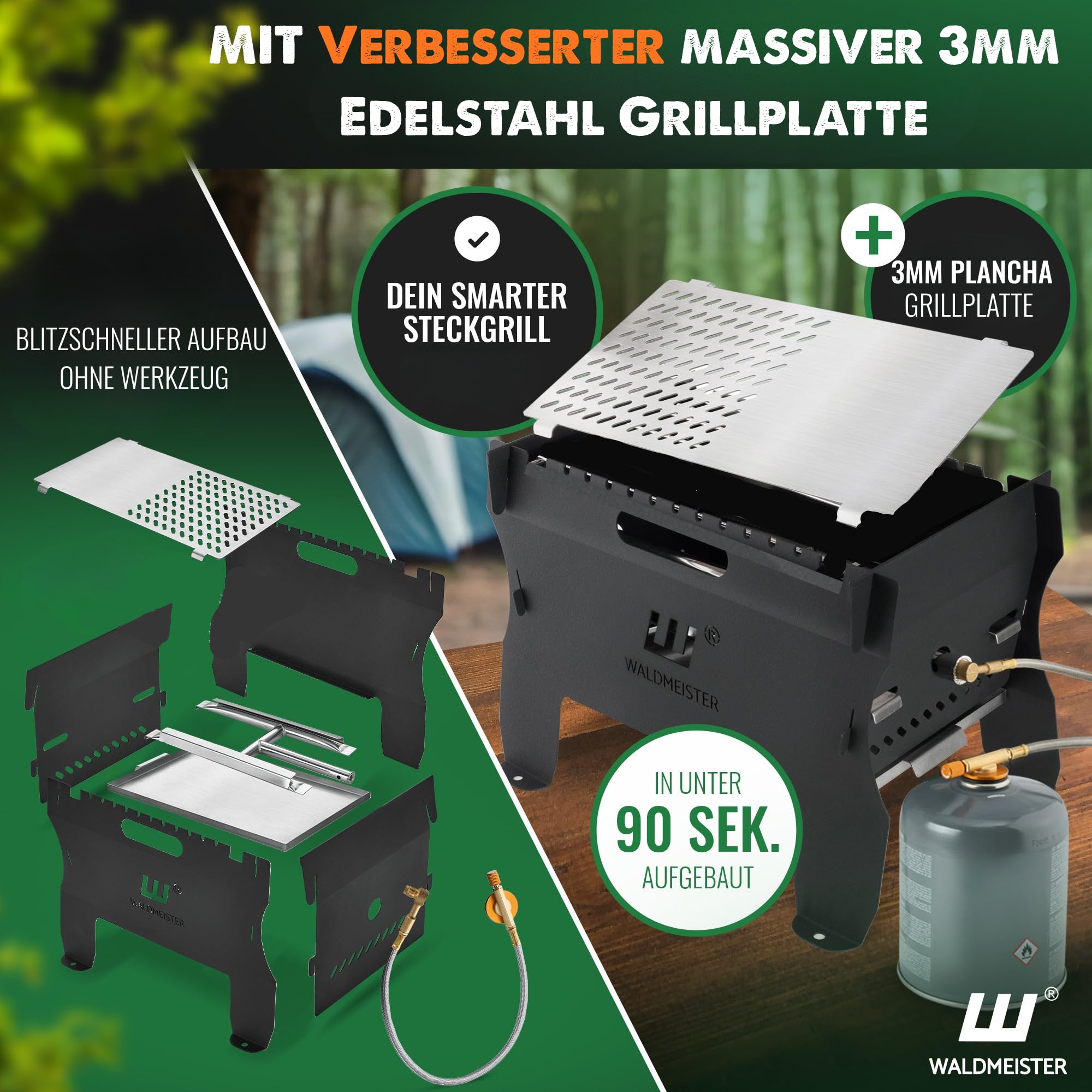 WALDMEISTER BruzzLee mobiler Gasgrill klein | kompakter Camping Gasgrill mit 2 Brennern | Kompaktgrill steckbar | Tischgrill für Camping, Balkon, Outdoor