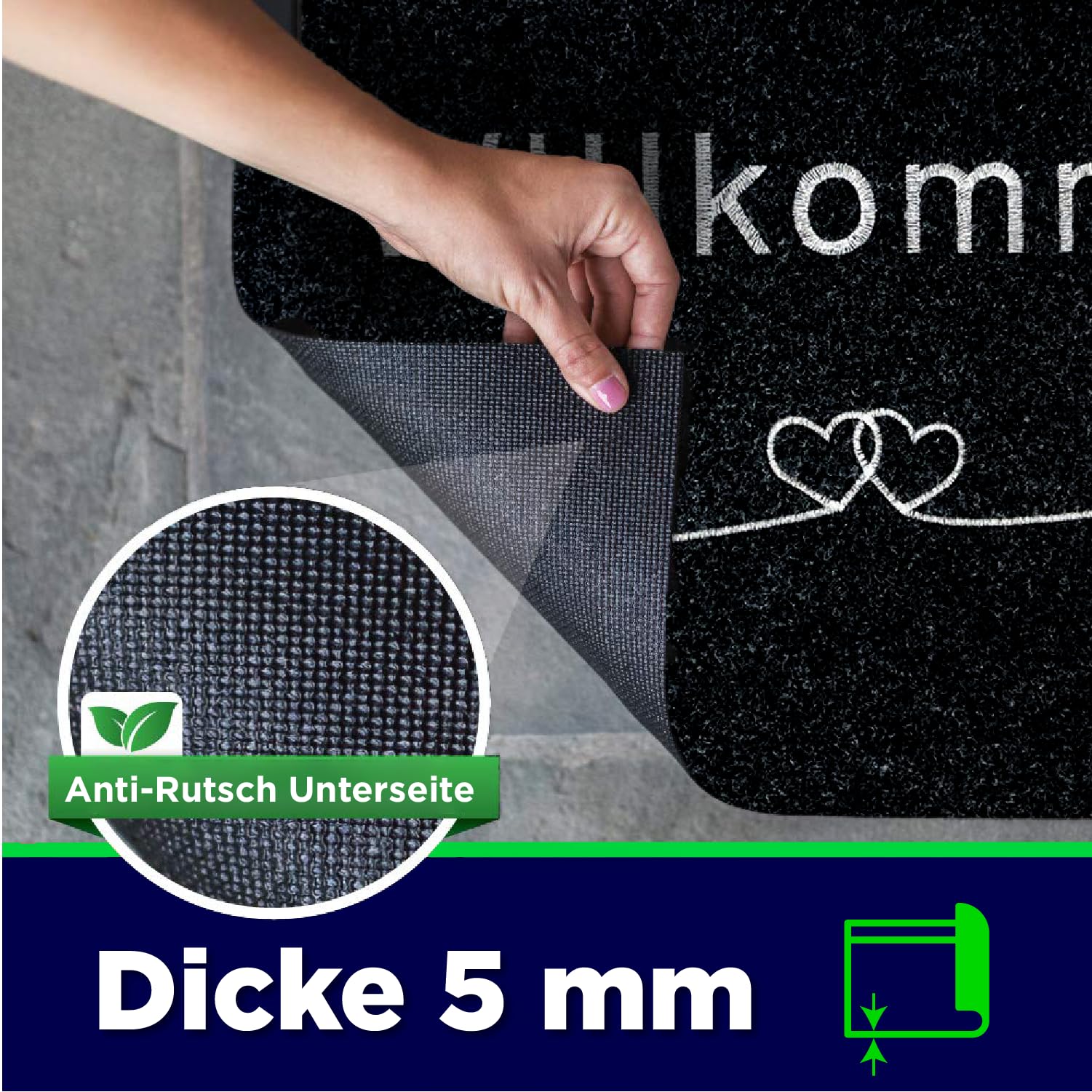 Fußmatte rutschfest waschbar Flur-Matte dünne Haustür-Matte, Schmutzfangmatte für innen und außen, Fussabtreter Eingangsbereich (ANTHRAZIT WILLKOMMEN, 40x60 cm)