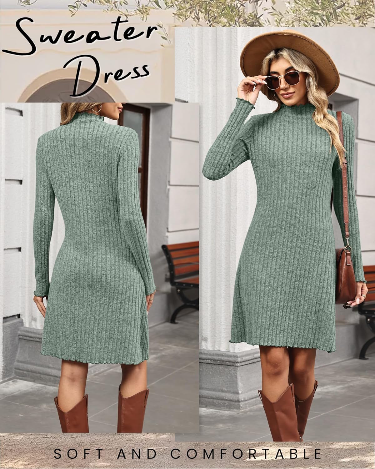 Women's Knit Long Sleeve Sweater Dress Lettuce Trim Mock Neck Tunic Dress Fall Winter Casual Trendy Outfits - Image 6