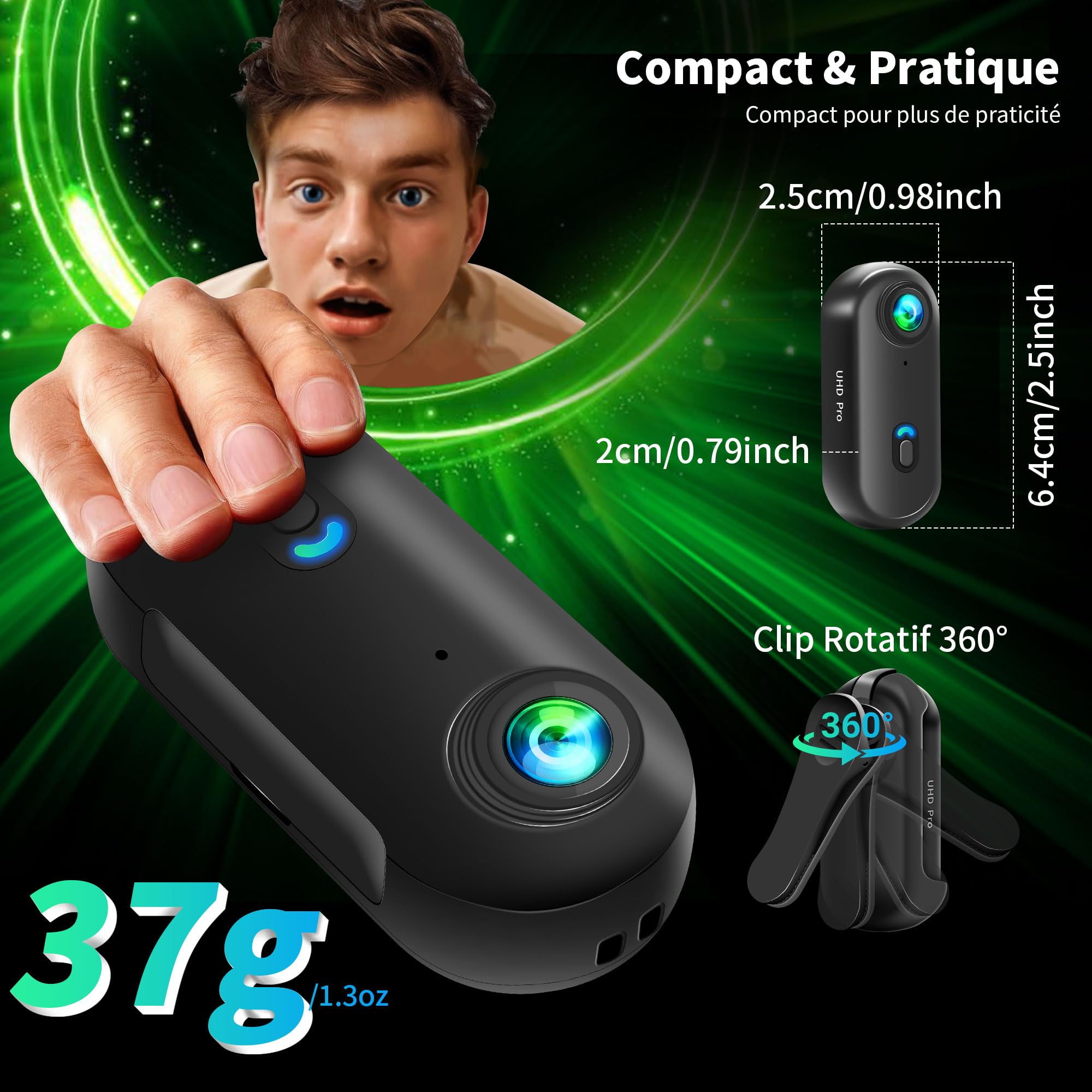 Mini Caméra Sport 4K, Mini Caméra d'action WiFi, Camera Vlog | Mini Action Cam Portable avec Angle 120°, Caméra POV, 360° Bodycam, Caméra Casque pour Vélo, Accessoires Multifonctionnels