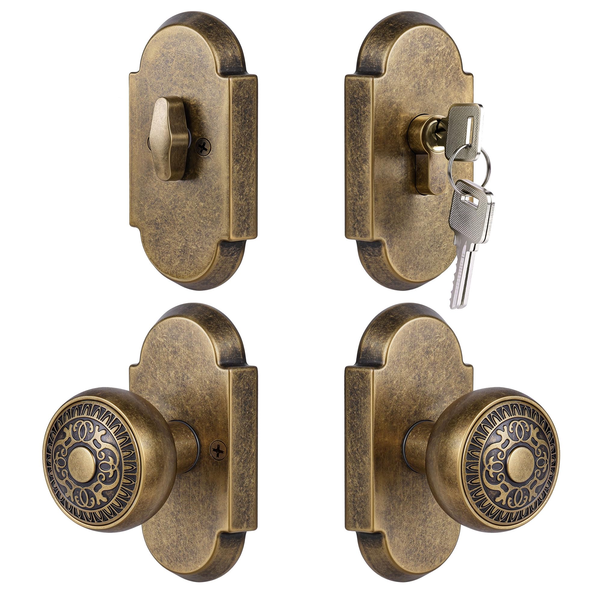 Pomos de puerta de latón antiguo con cerrojo de seguridad, juego de cerradura de puerta con cerradura y llave | Juego de pomos y cerrojos para puerta de entrada