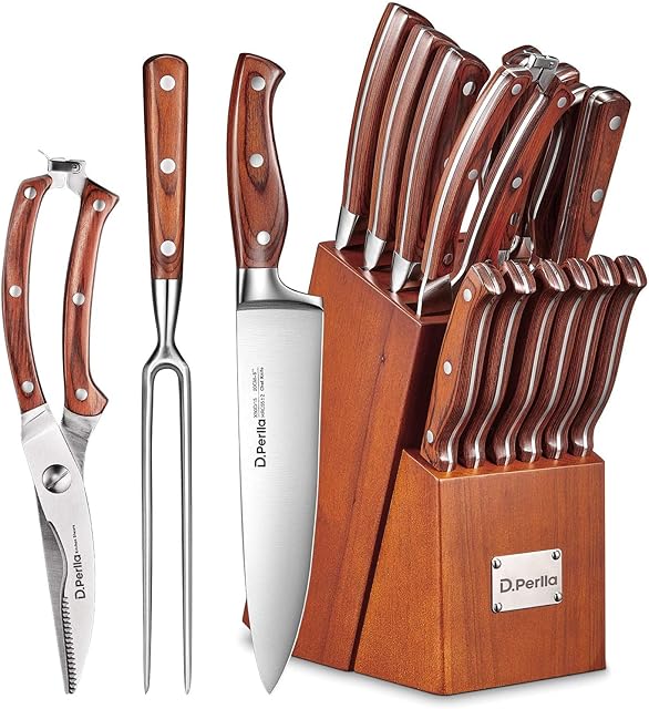 D.Perlla Knife Set, 16 Piece Knife Block Set with High Carbon German Steel, Kitchen Knife Set Sharpening for Chef Knife, Meat Scissors, Carving Fork, Ergonomic Wooden Handle