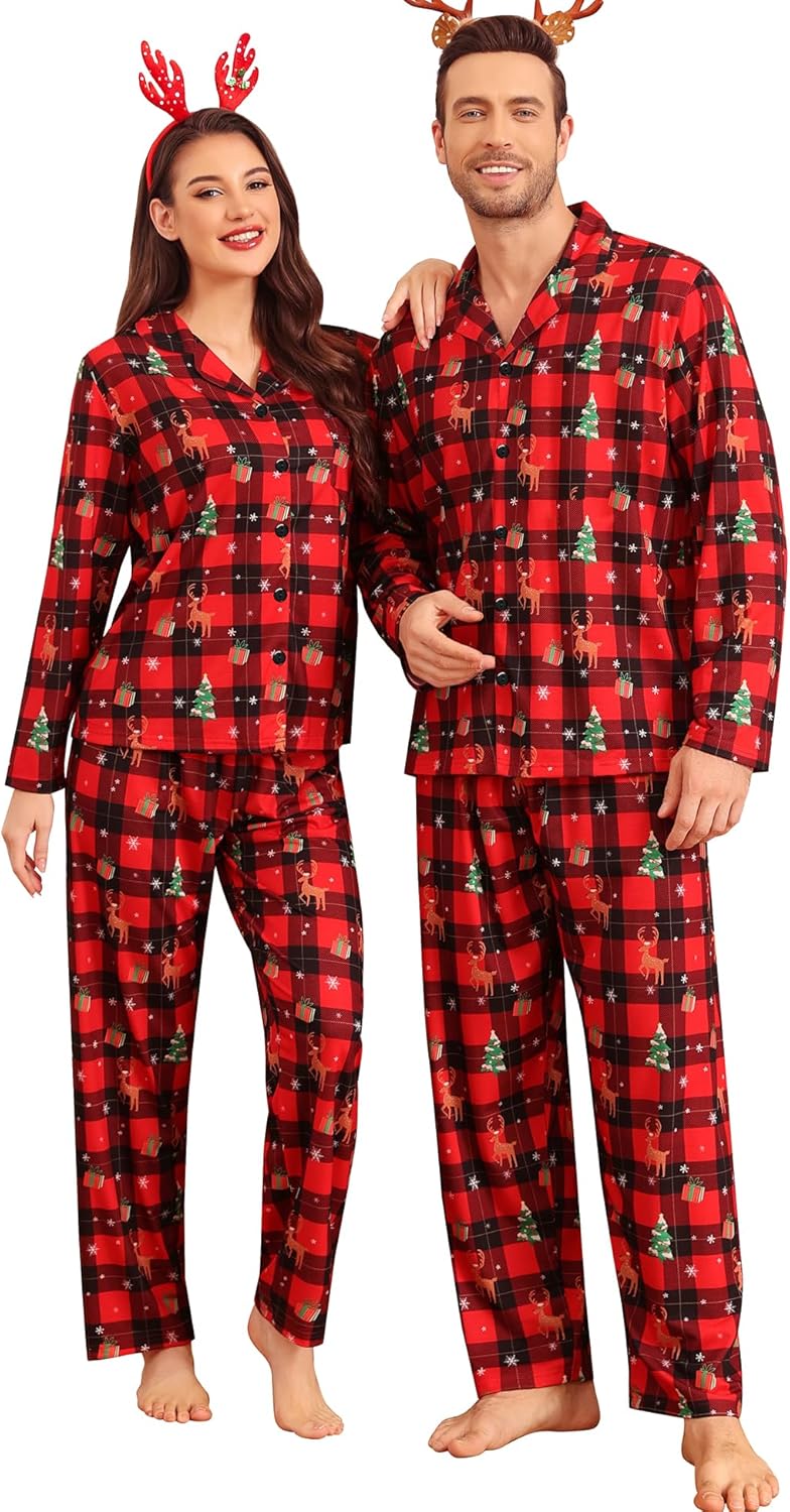 SWOMOG Matching Family Christmas Pajamas Set Long Sleeve Festival Party Pj Set Button-Down Sleepwear