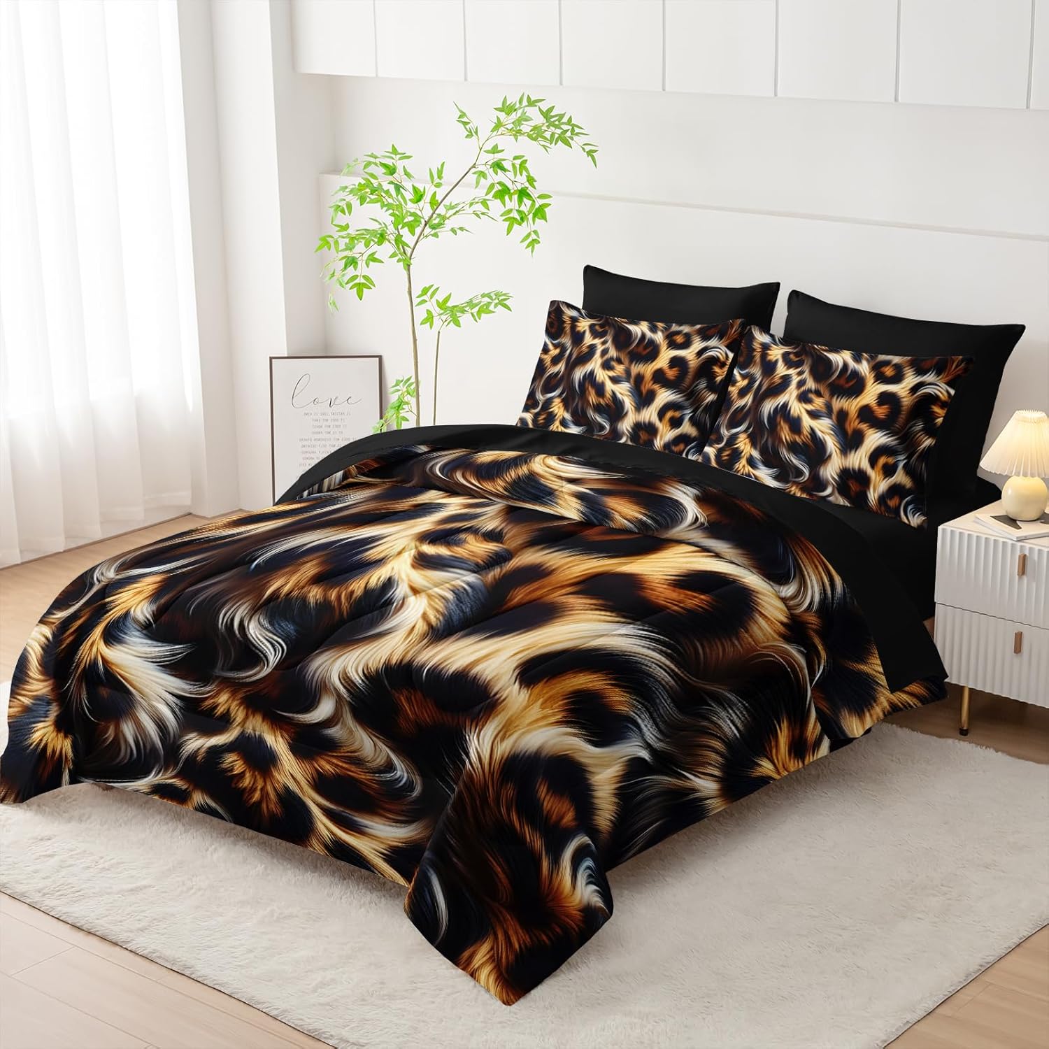 7 Piece Leopard/Cheetah Zebra Print Queen Size Comforter and Sheets Set，Leopard Print Bedding Set Queen，(1 Comforter, 1 Flat Sheet, 1 Fitted Sheet, 2 Pillowcase and 2 Pillow Sham)